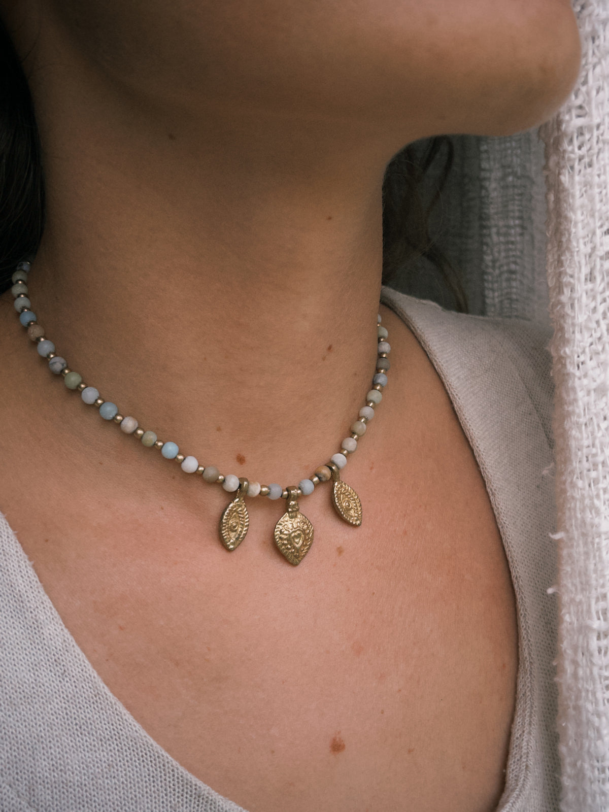 Amazonite Charm Necklace – Gold Brass & Natural Stone Beaded Necklace