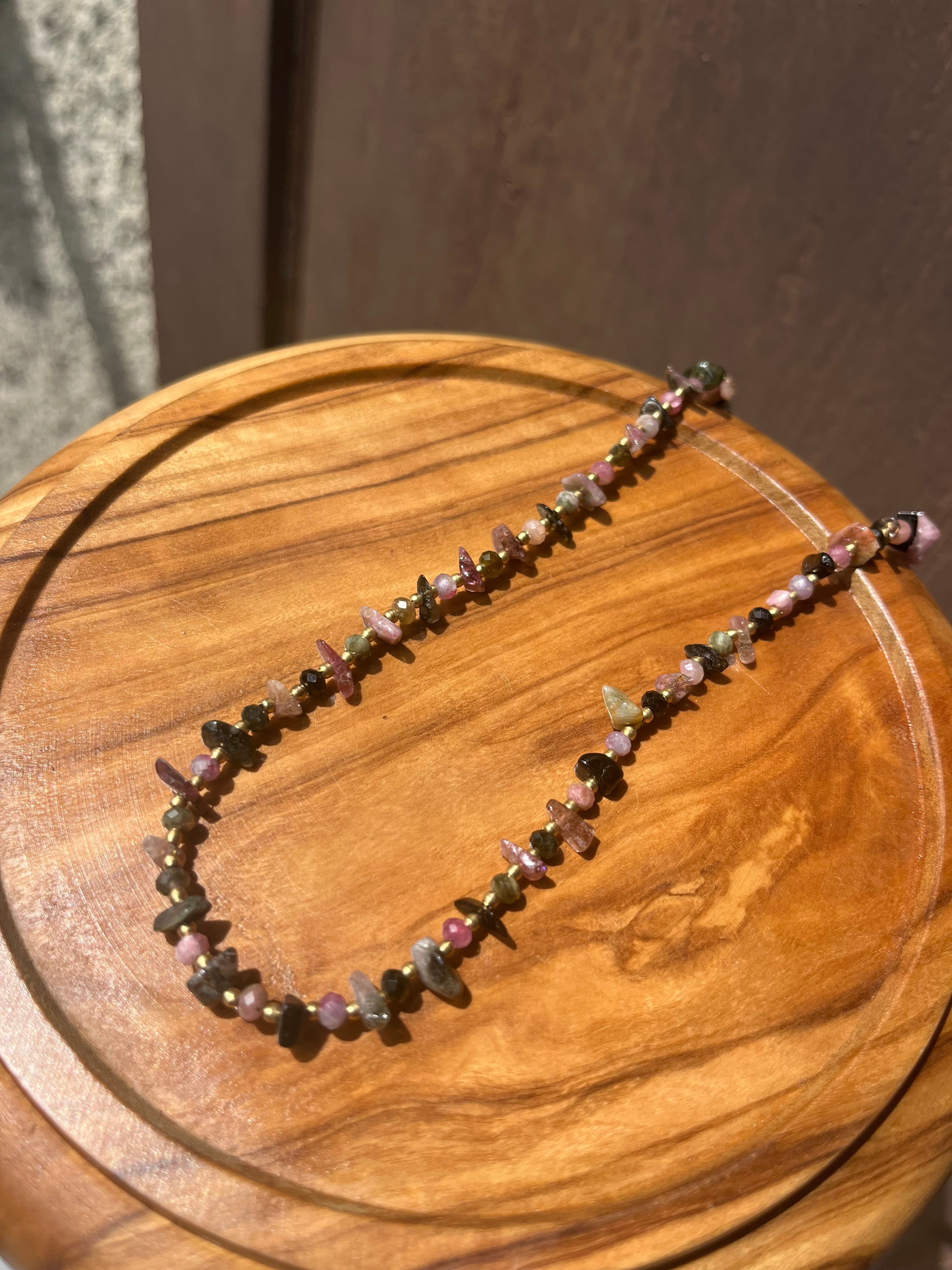 Pink & Black Tourmaline Chip Beaded Necklace