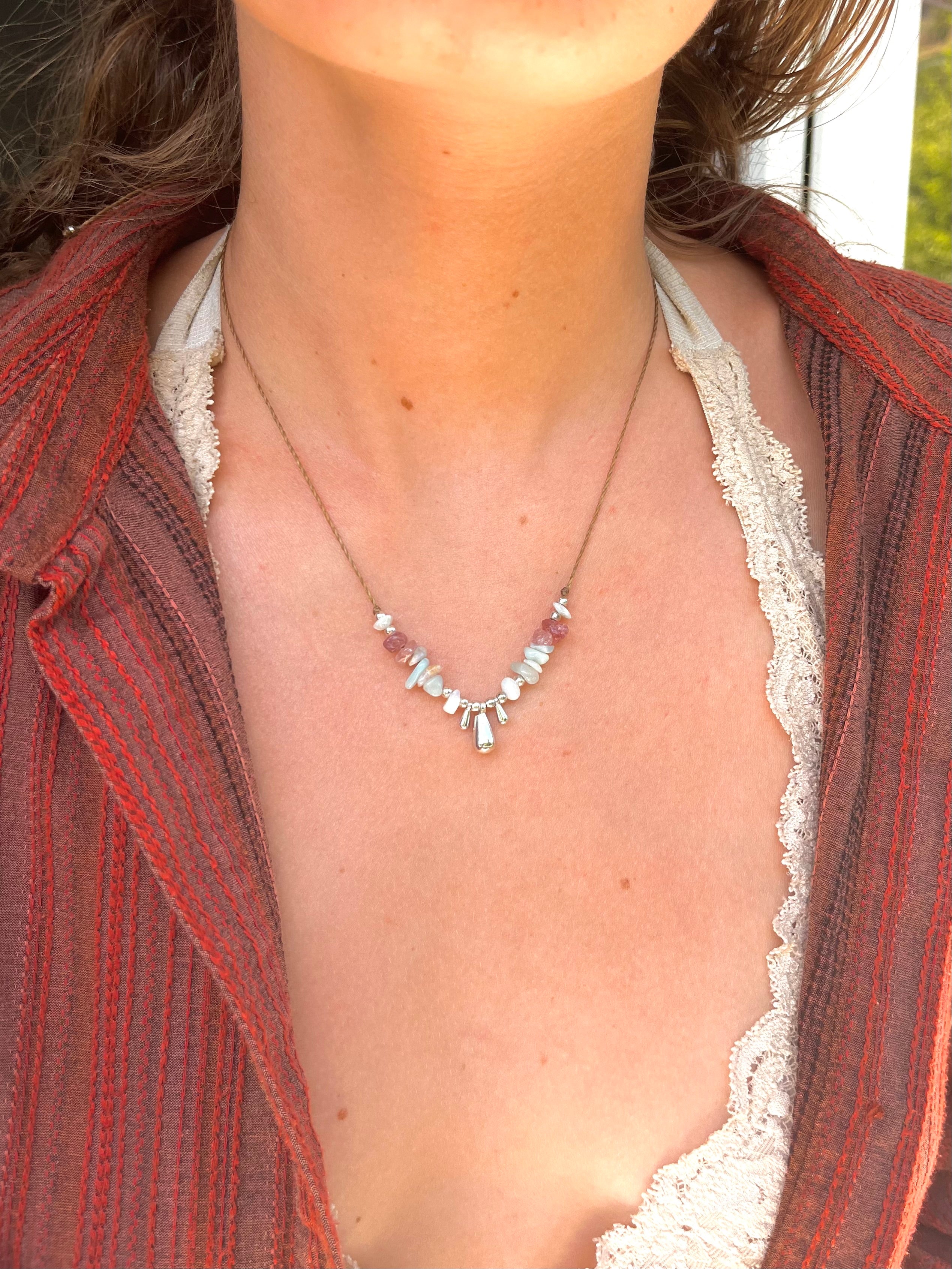 Minimalist Boho Necklace with Strawberry Quartz & Amazonite