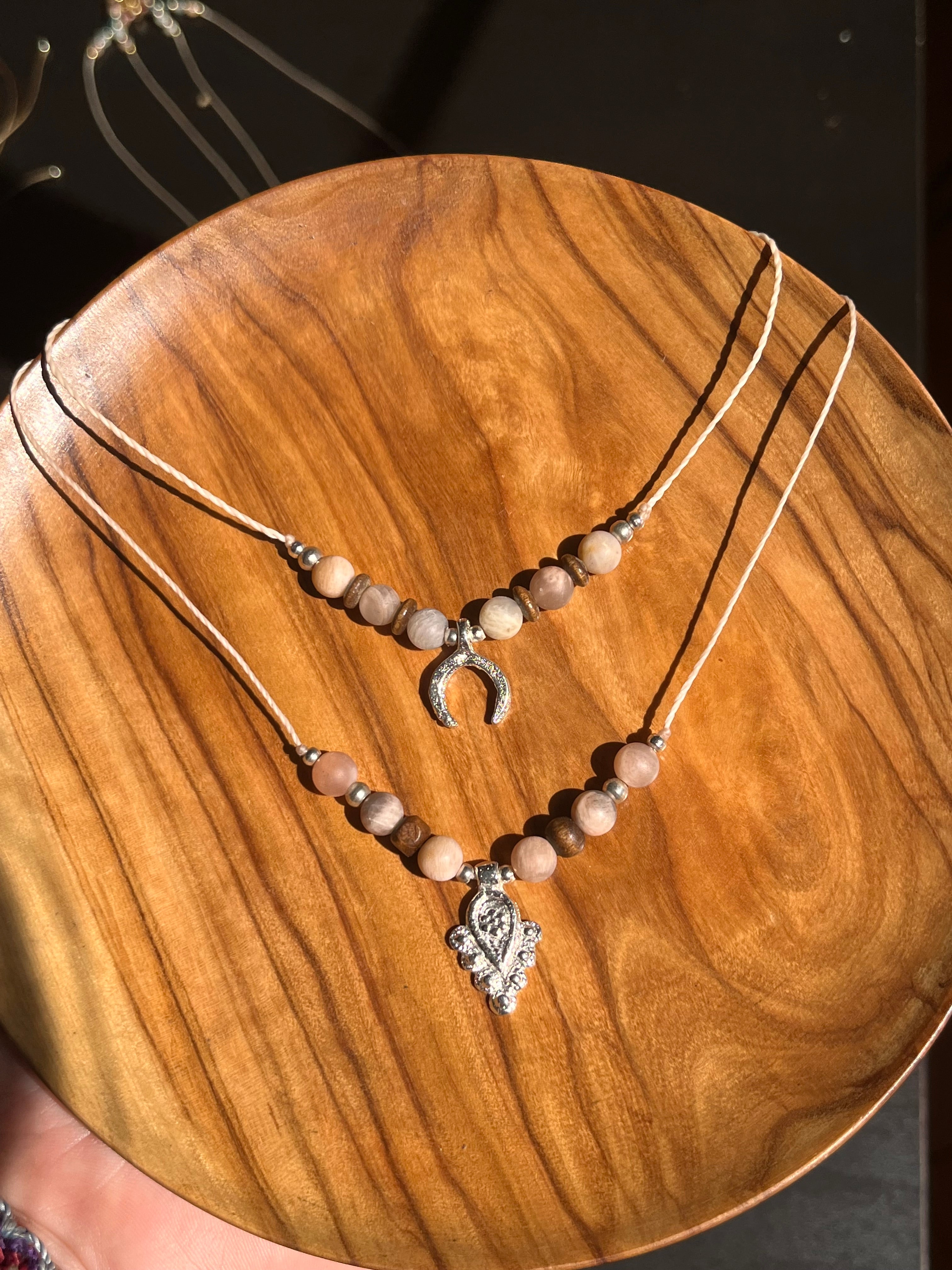 Sunstone boho necklace with silver brass beads