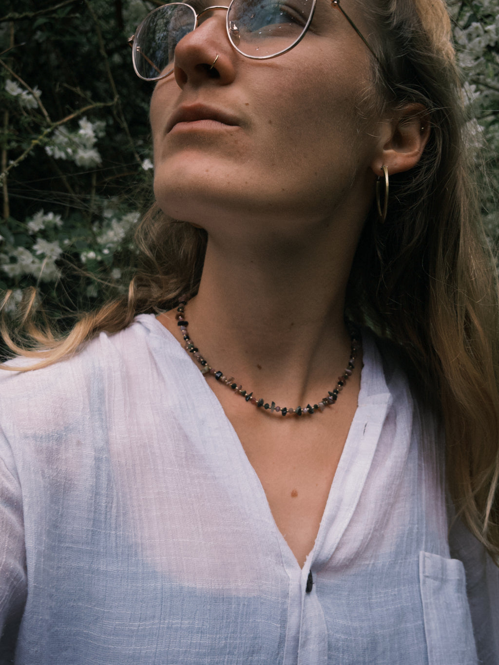 Pink & Black Tourmaline Chip Beaded Necklace