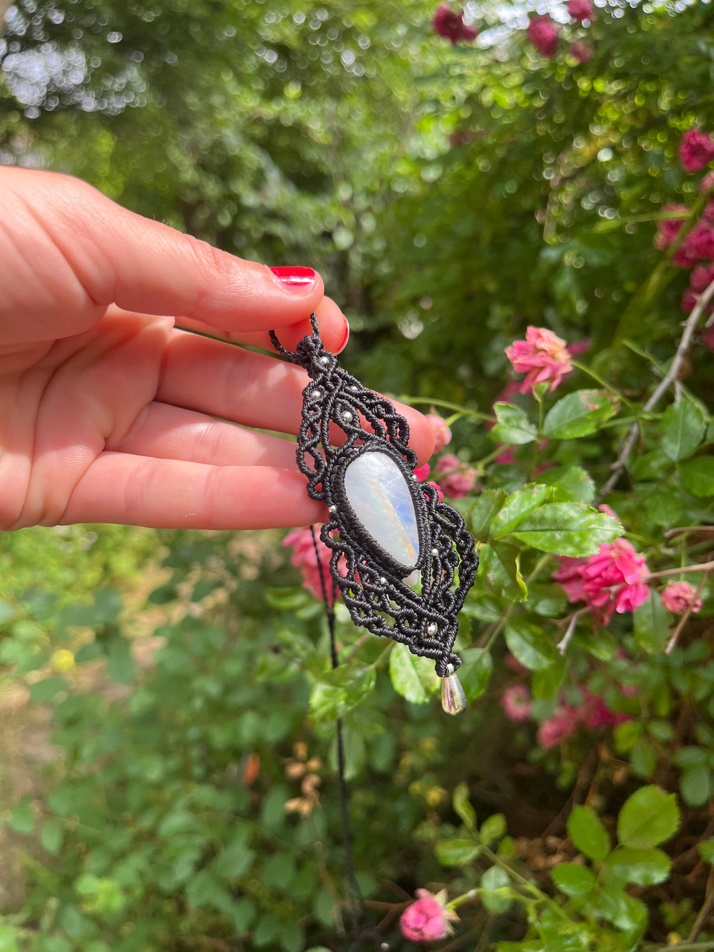Adjustable Boho Statement Necklace with Rainbow Moonstone