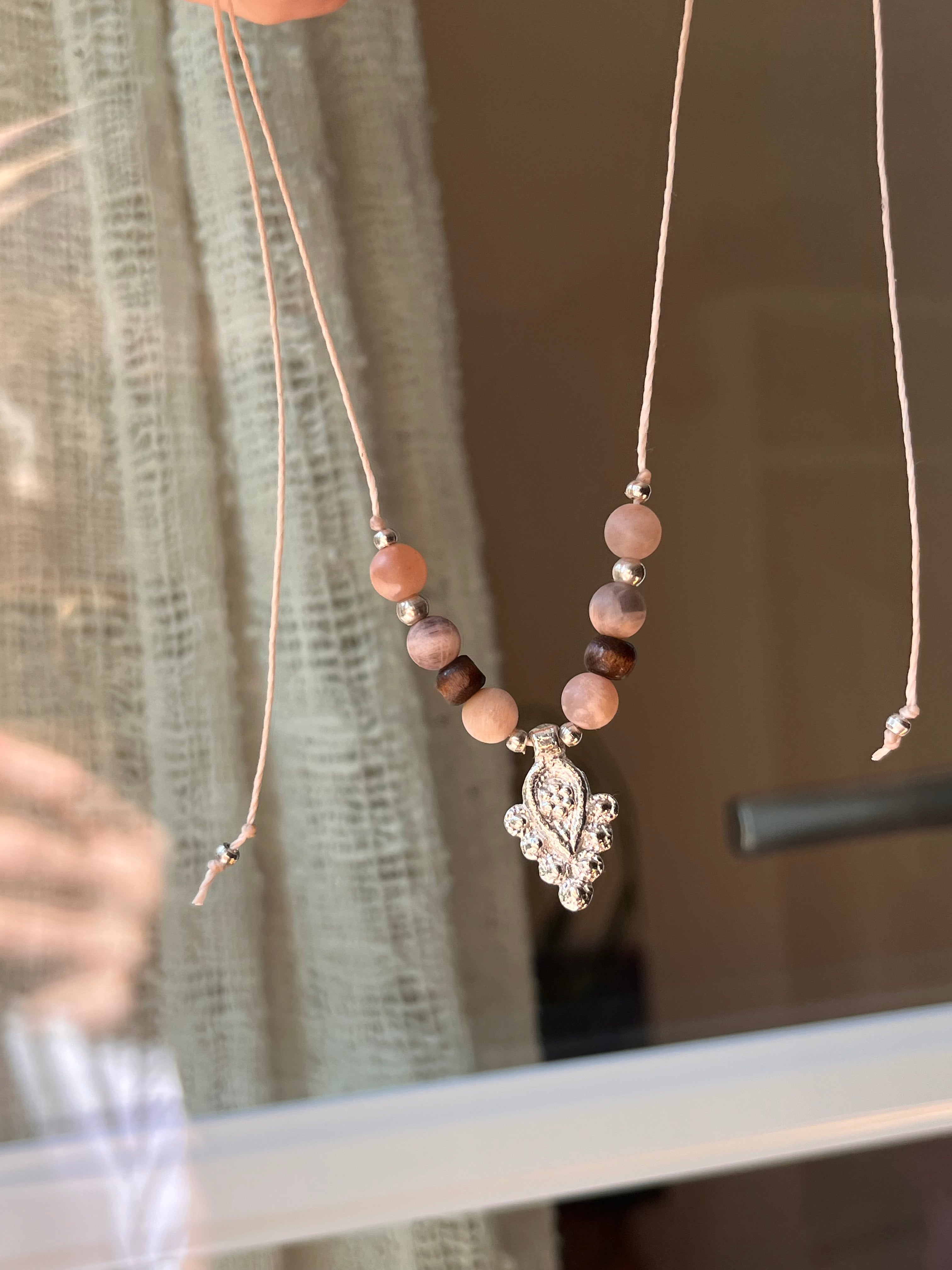 Sunstone boho necklace with silver brass beads