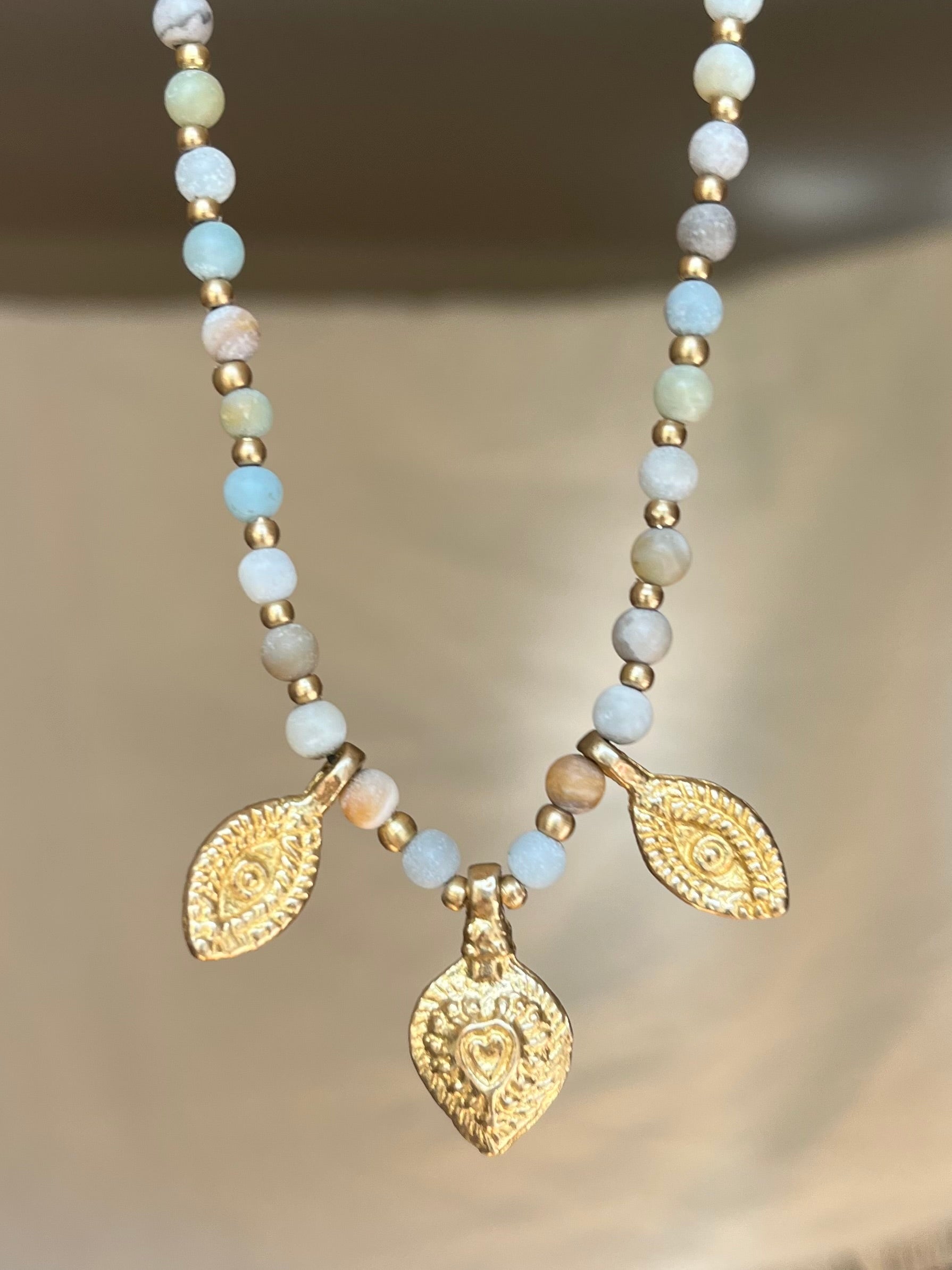 Amazonite Charm Necklace – Gold Brass & Natural Stone Beaded Necklace