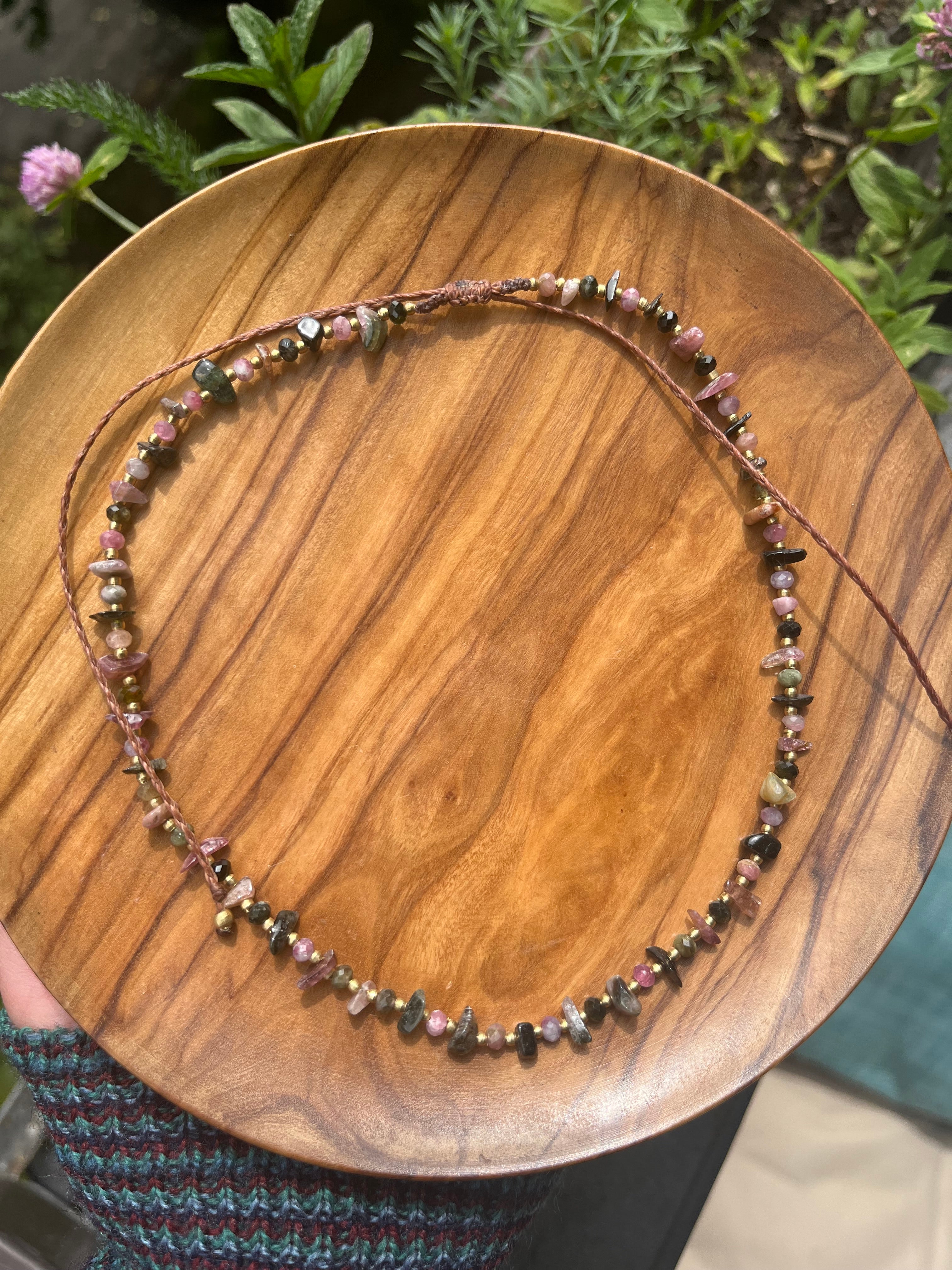 Pink & Black Tourmaline Chip Beaded Necklace