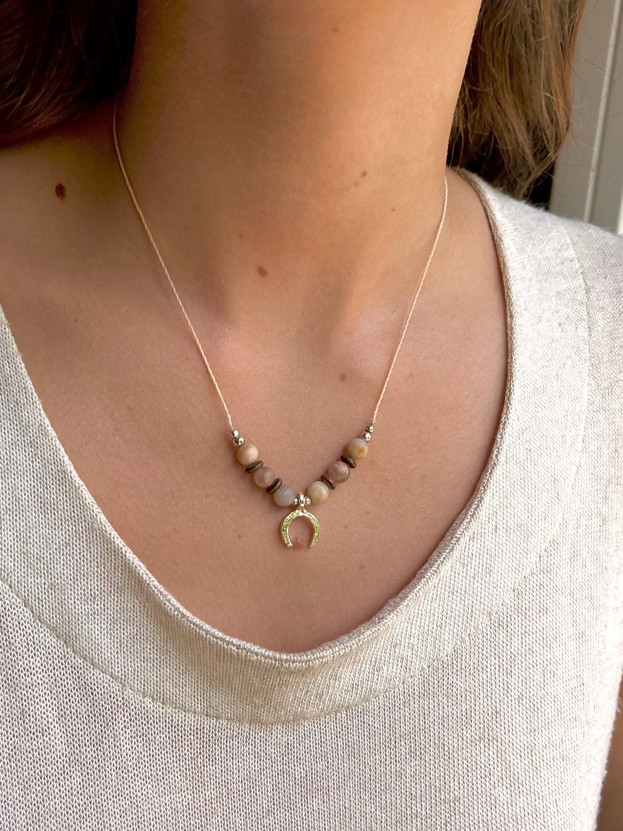 Sunstone boho necklace with silver brass beads