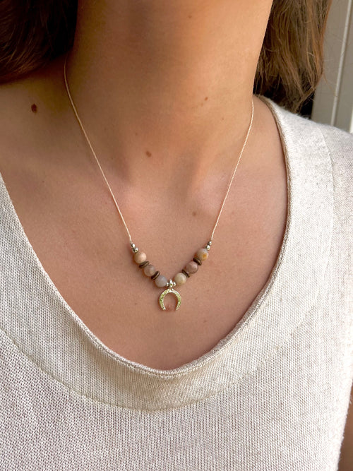 Sunstone boho necklace with silver brass beads