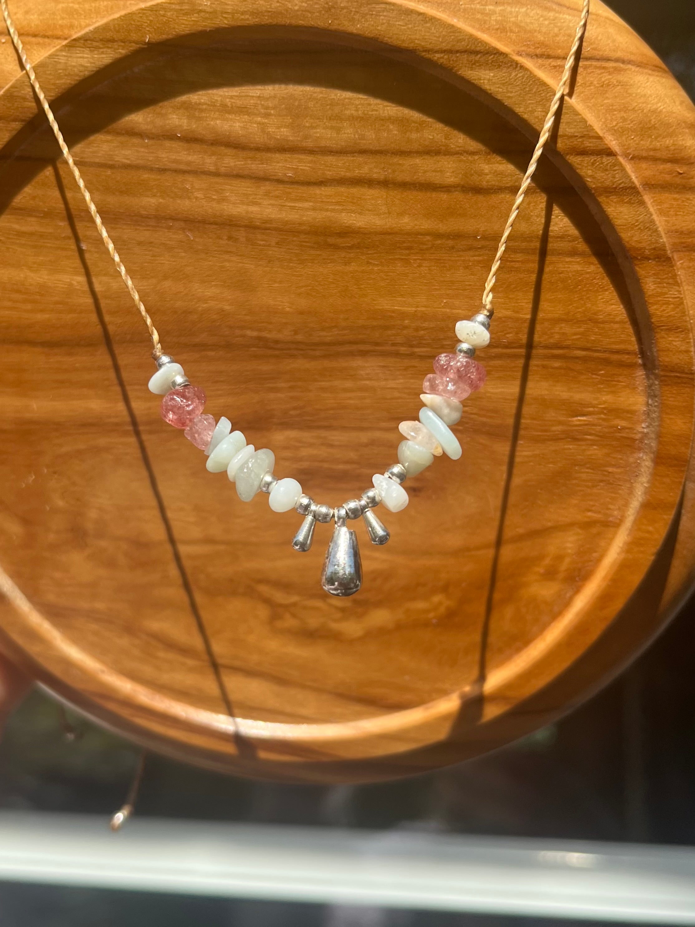 Minimalist Boho Necklace with Strawberry Quartz & Amazonite