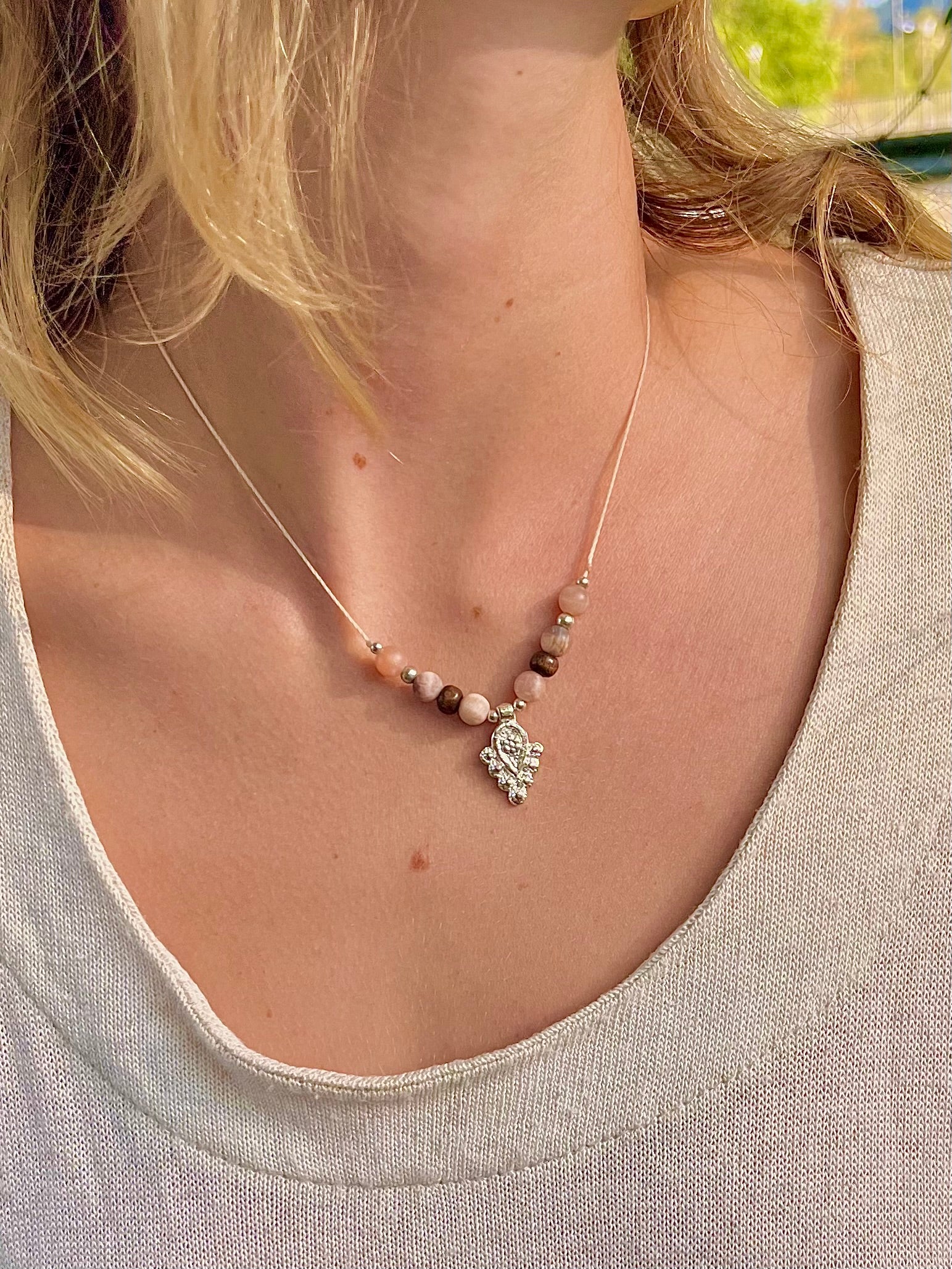 Sunstone boho necklace with silver brass beads