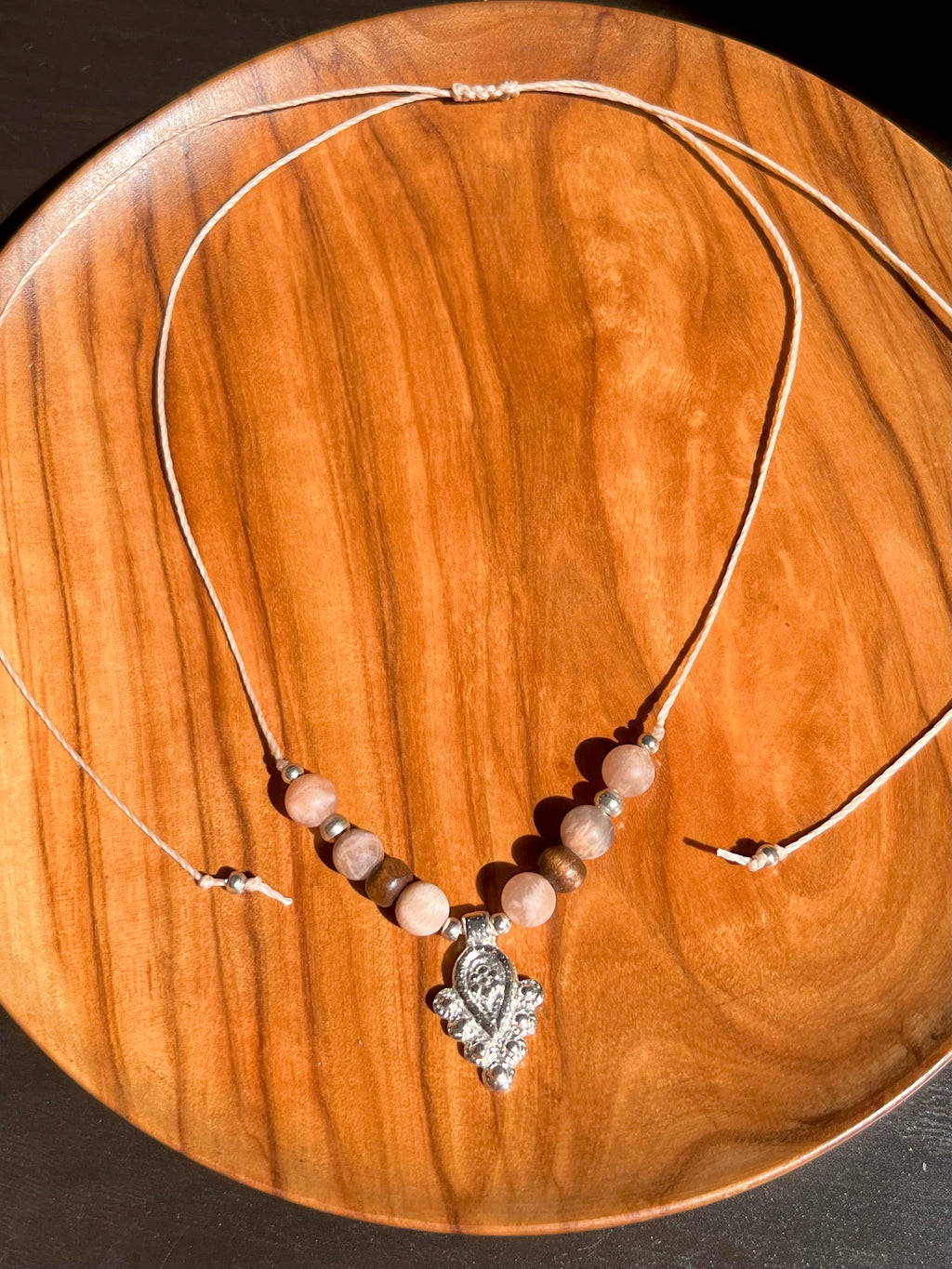 Sunstone boho necklace with silver brass beads