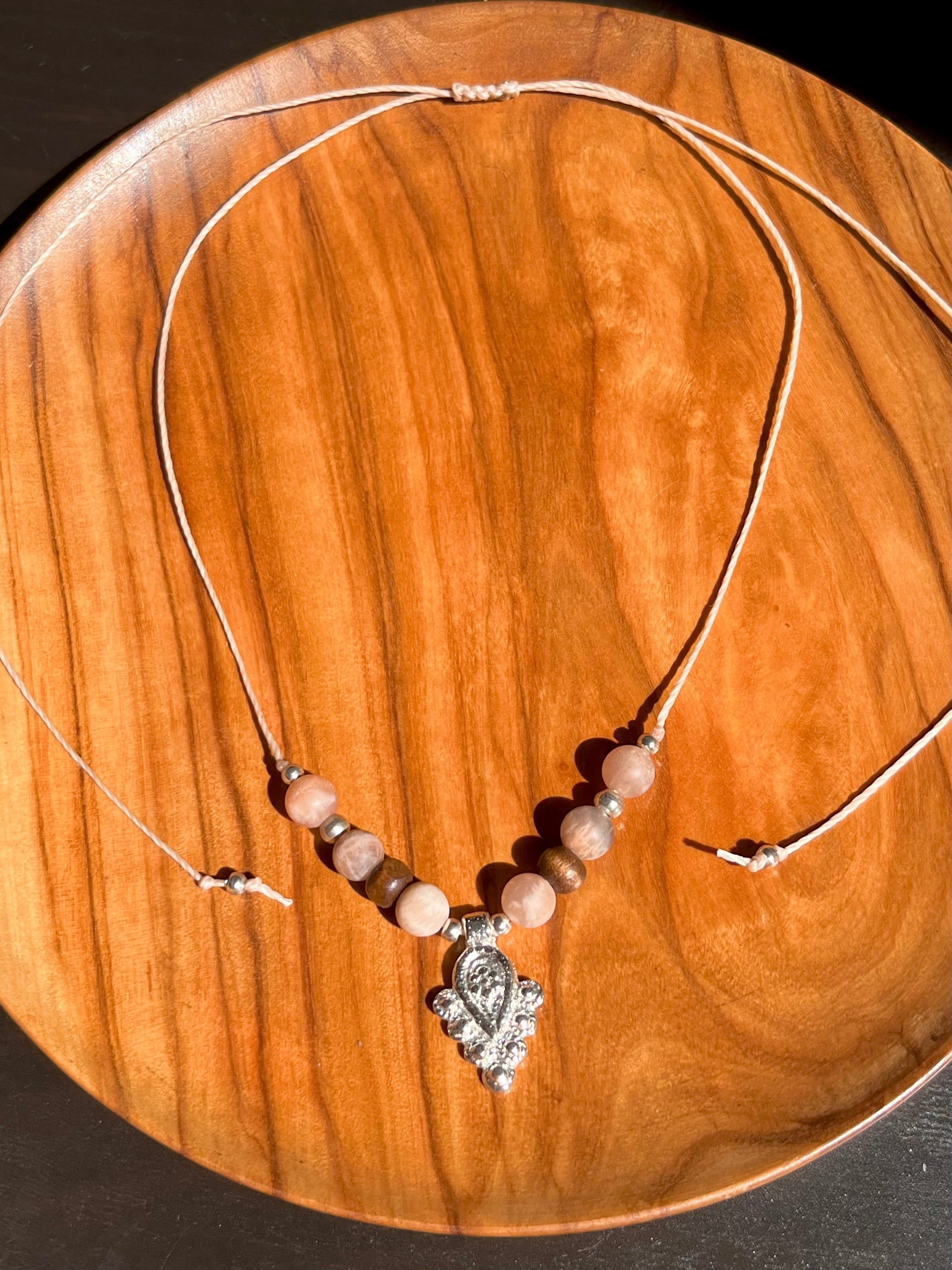 Sunstone boho necklace with silver brass beads