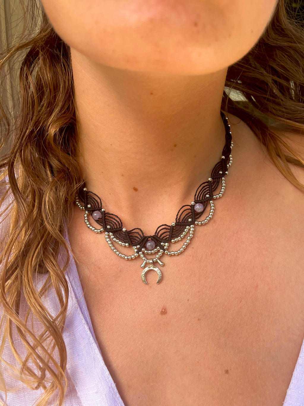 Handmade Macramé Choker with Amethyst & Crescent Moon Charm
