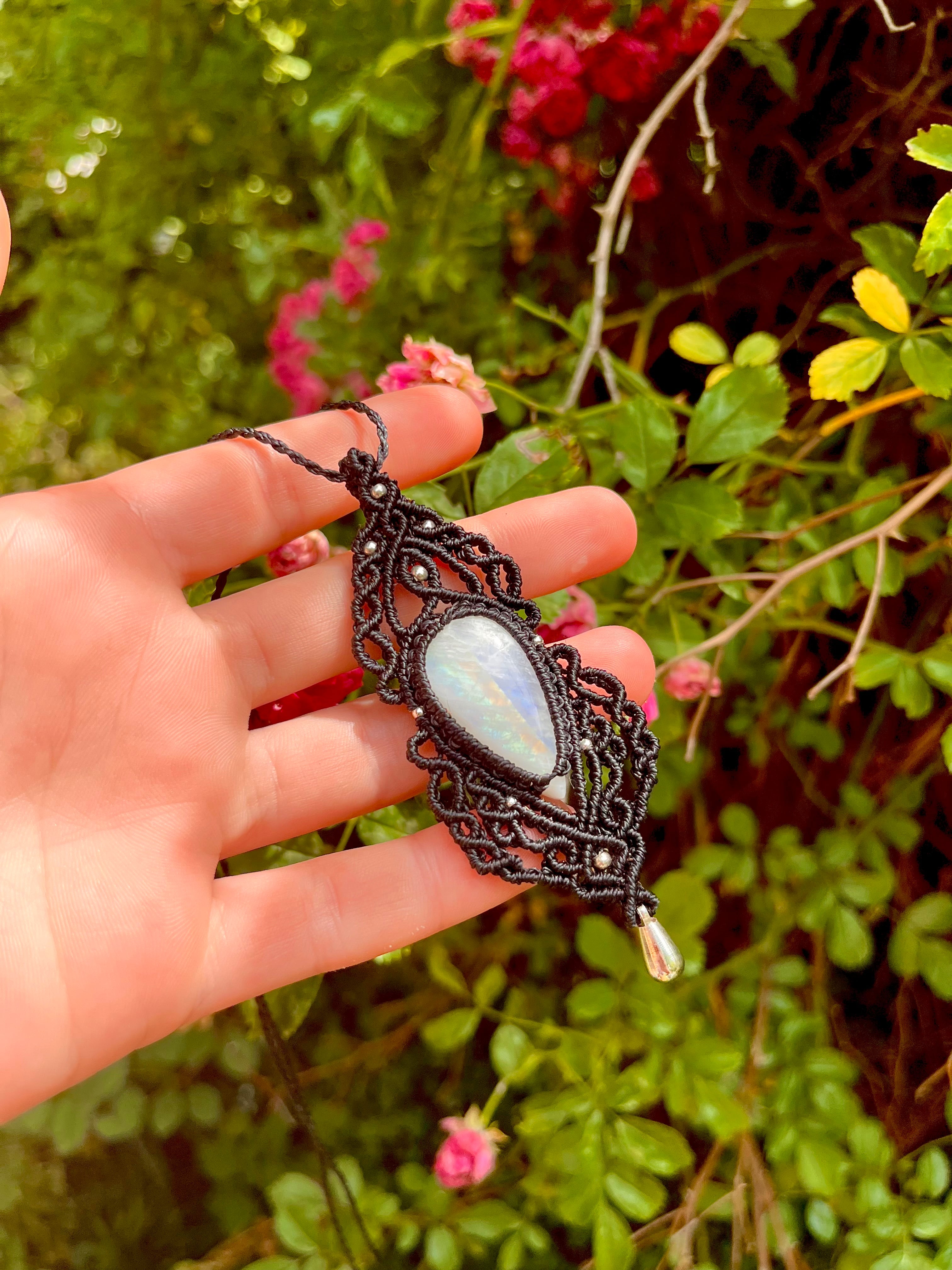 Adjustable Boho Statement Necklace with Rainbow Moonstone