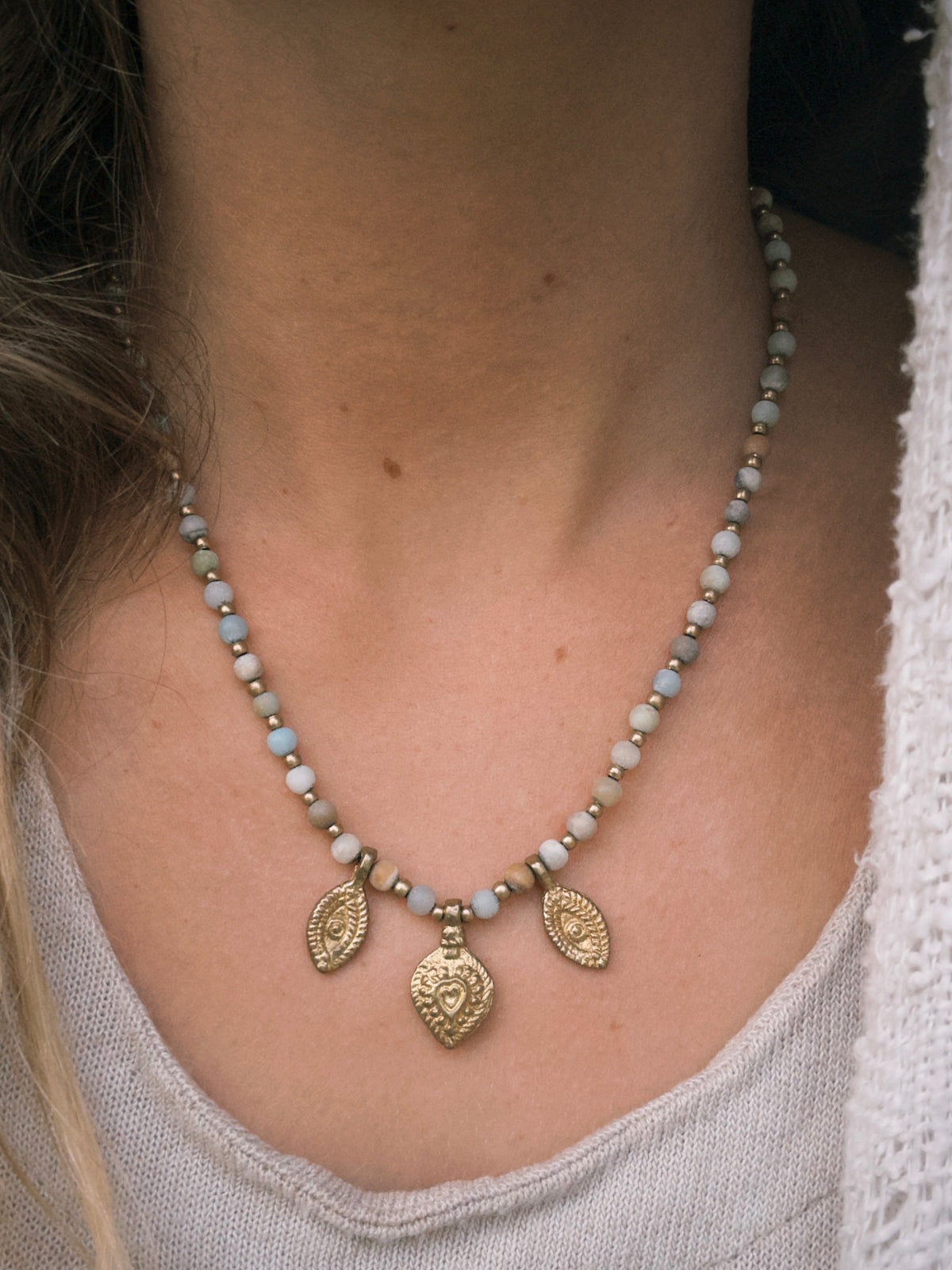 Amazonite Charm Necklace – Gold Brass & Natural Stone Beaded Necklace