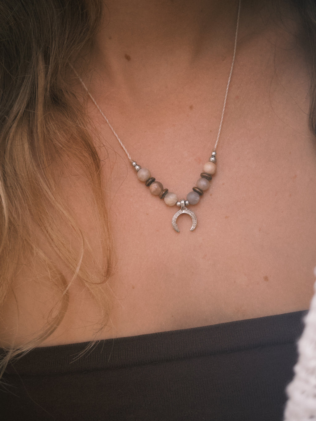 Sunstone boho necklace with silver brass beads