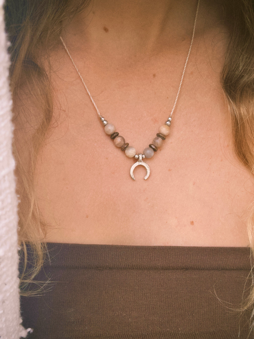 Sunstone boho necklace with silver brass beads