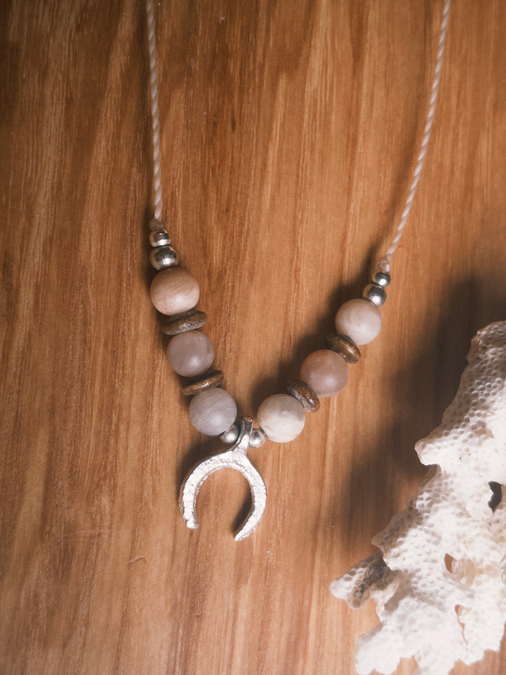 Sunstone boho necklace with silver brass beads