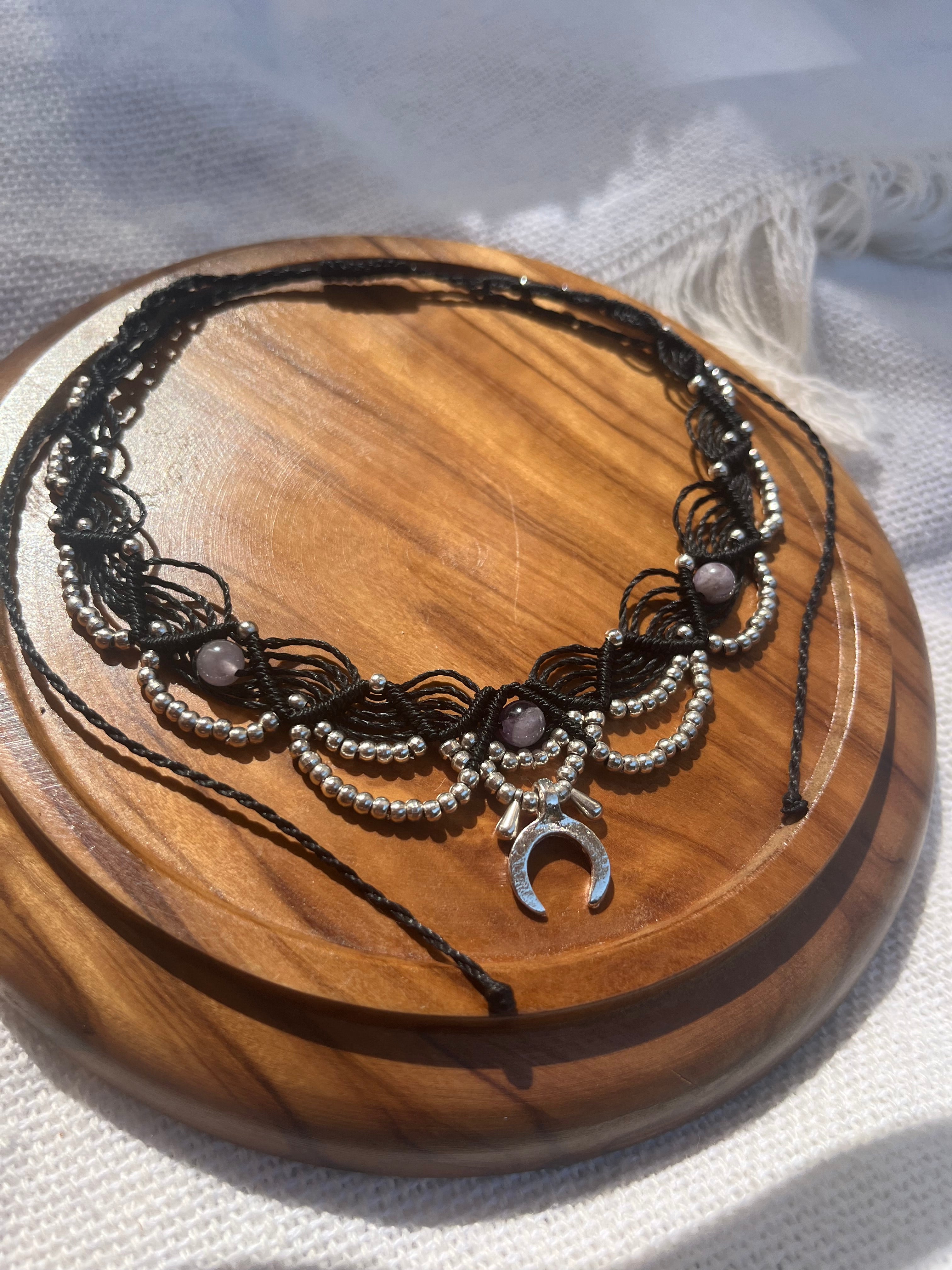 Handmade Macramé Choker with Amethyst & Crescent Moon Charm