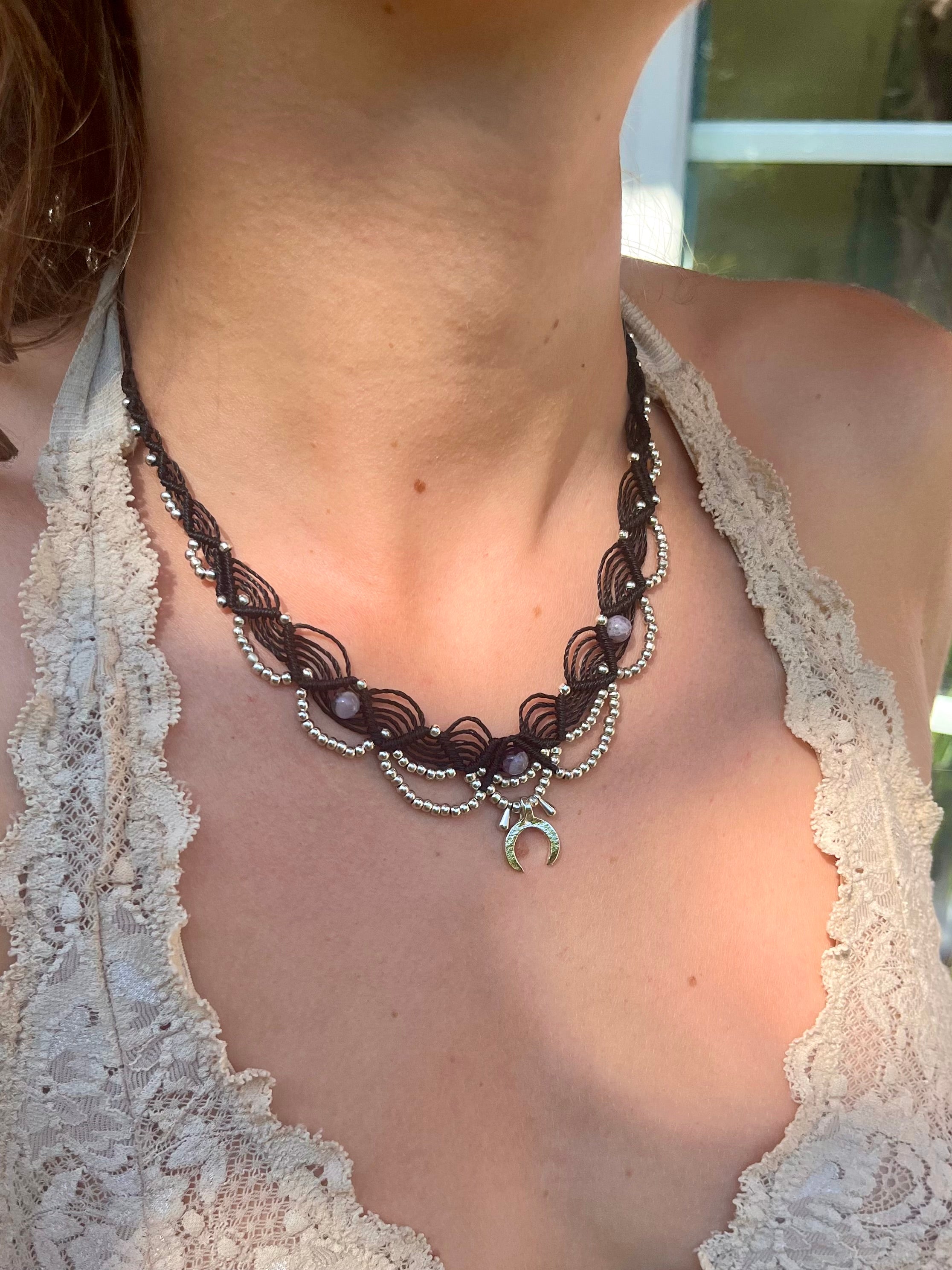 Handmade Macramé Choker with Amethyst & Crescent Moon Charm