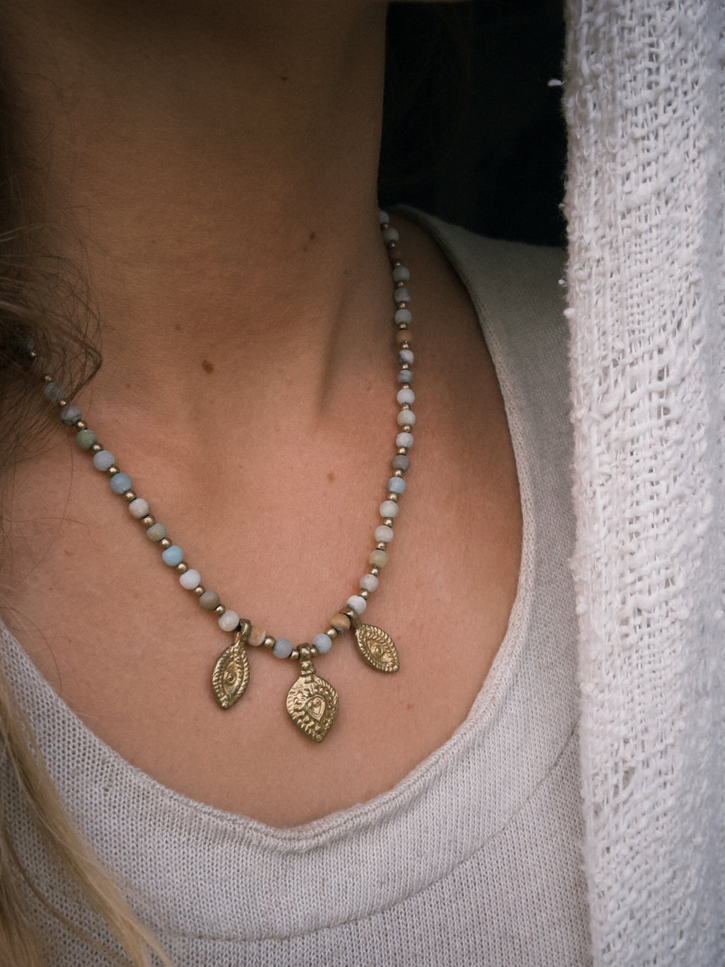 Amazonite Charm Necklace – Gold Brass & Natural Stone Beaded Necklace