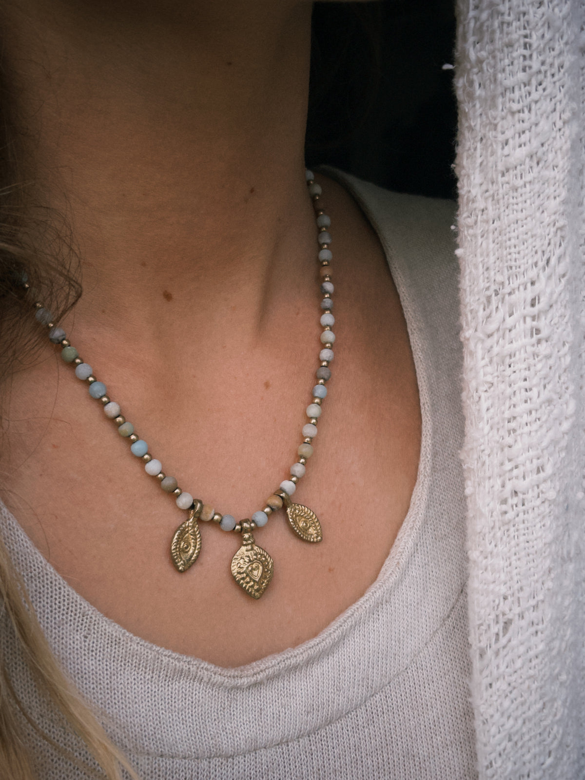 Amazonite Charm Necklace – Gold Brass & Natural Stone Beaded Necklace