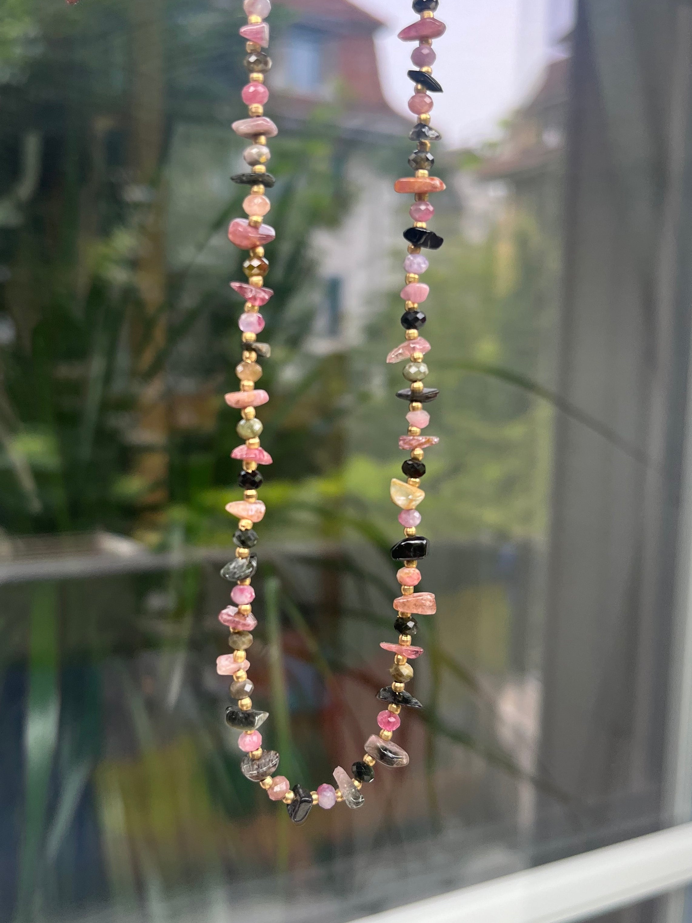 Pink & Black Tourmaline Chip Beaded Necklace