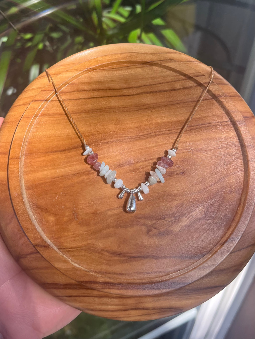 Minimalist Boho Necklace with Strawberry Quartz & Amazonite