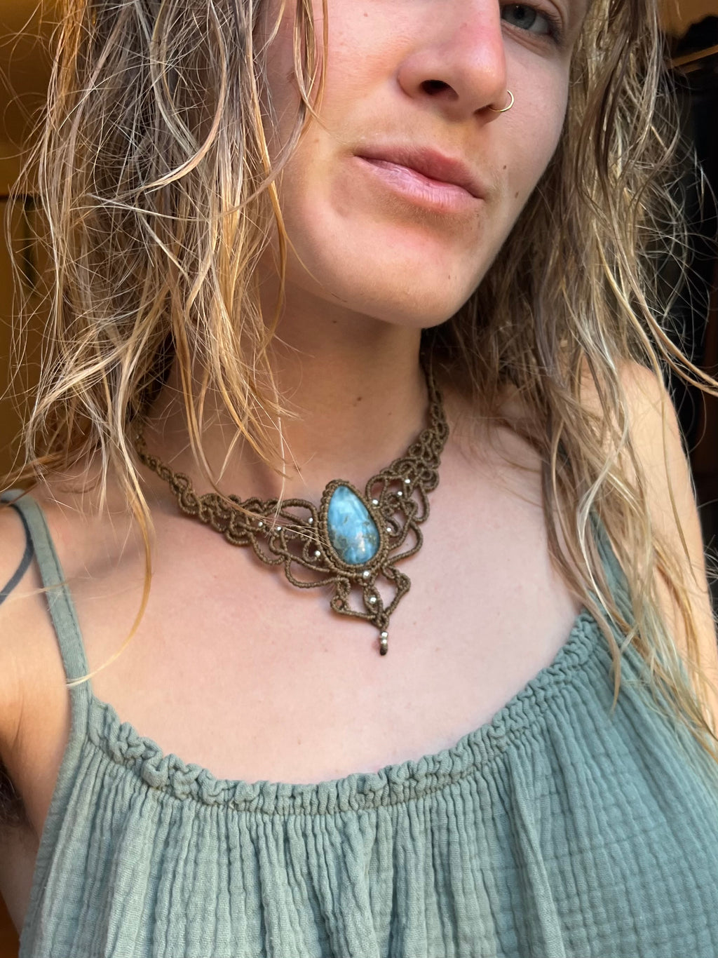 Larimar Statement Choker with Silver Brass Beads