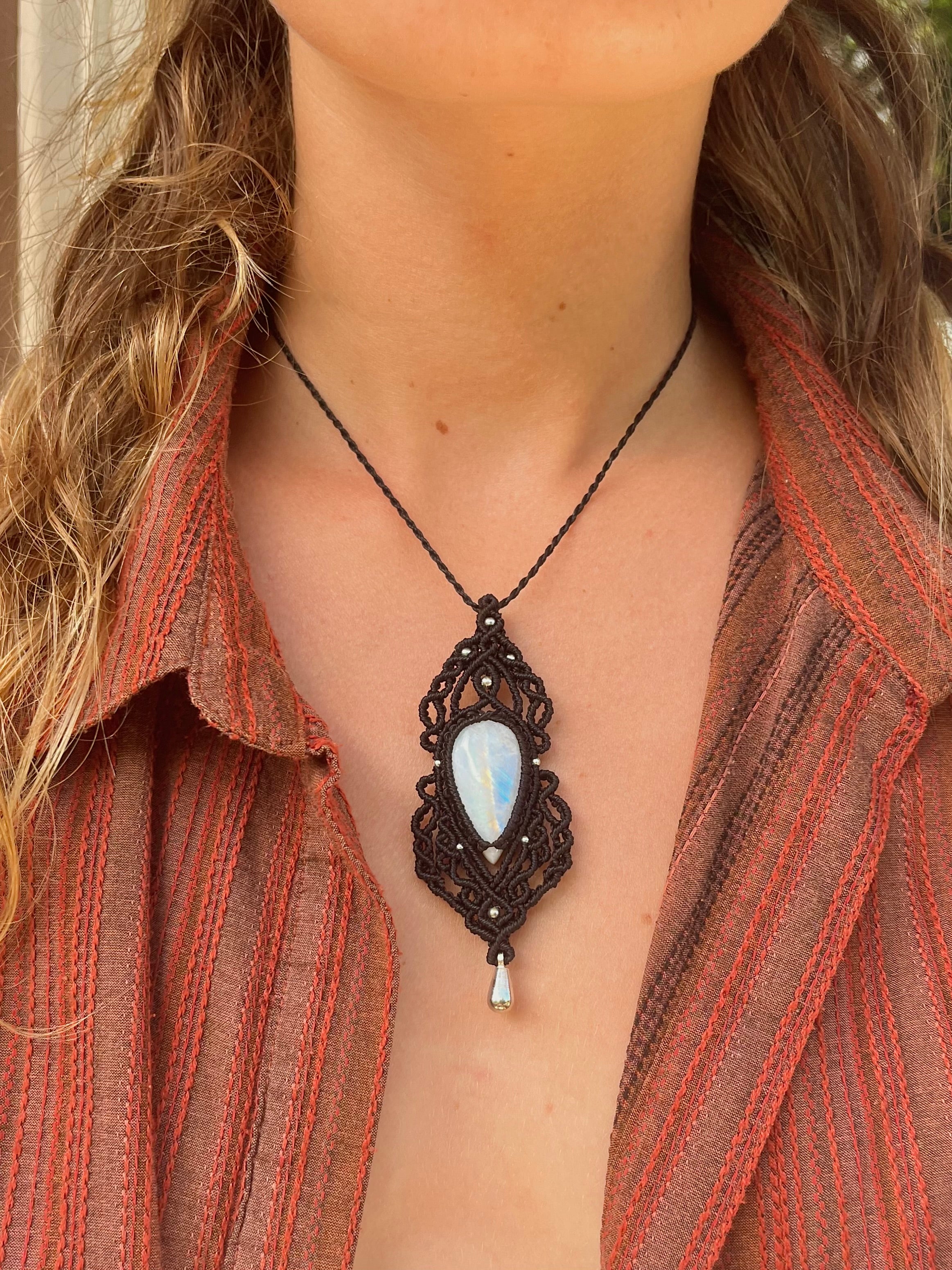 Adjustable Boho Statement Necklace with Rainbow Moonstone