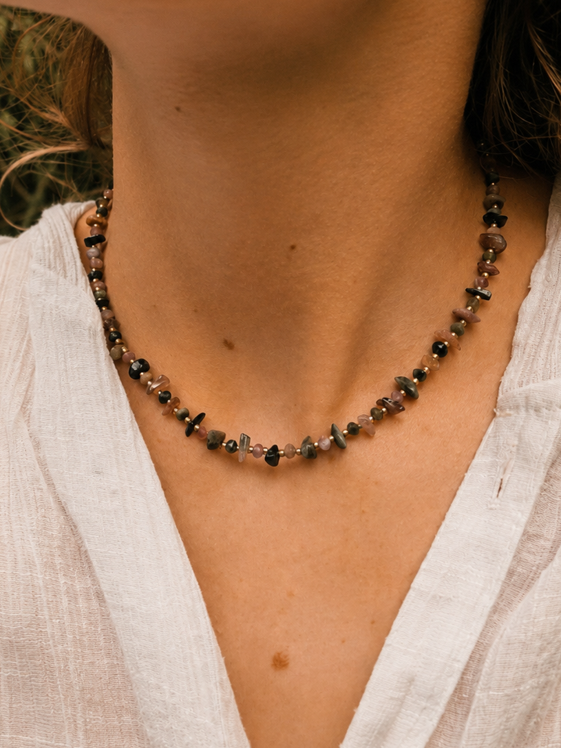 Pink & Black Tourmaline Chip Beaded Necklace