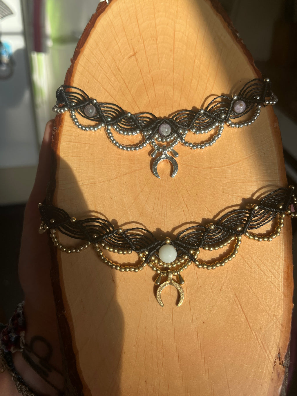 Handmade Macramé Choker with Amethyst & Crescent Moon Charm