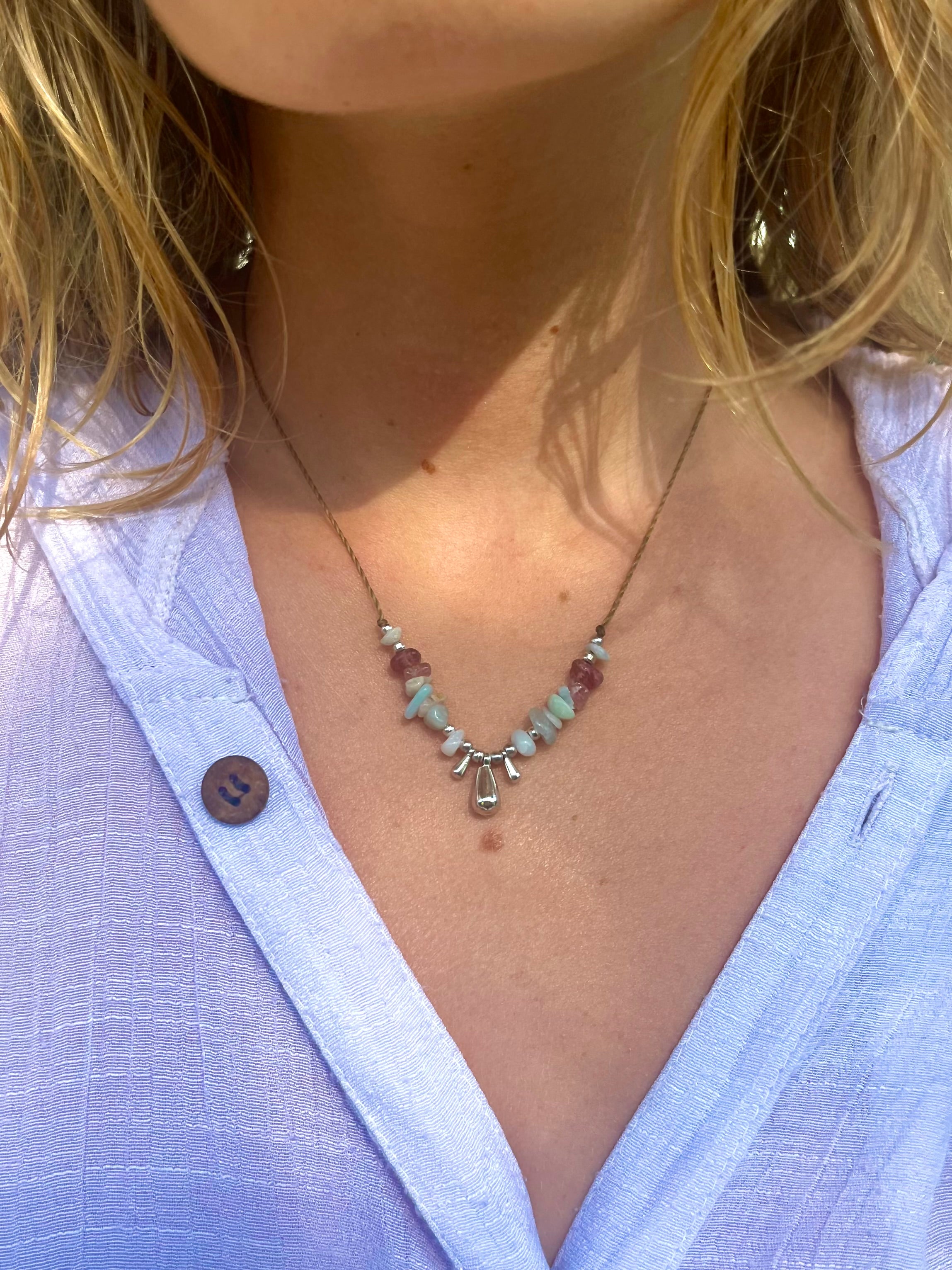 Minimalist Boho Necklace with Strawberry Quartz & Amazonite