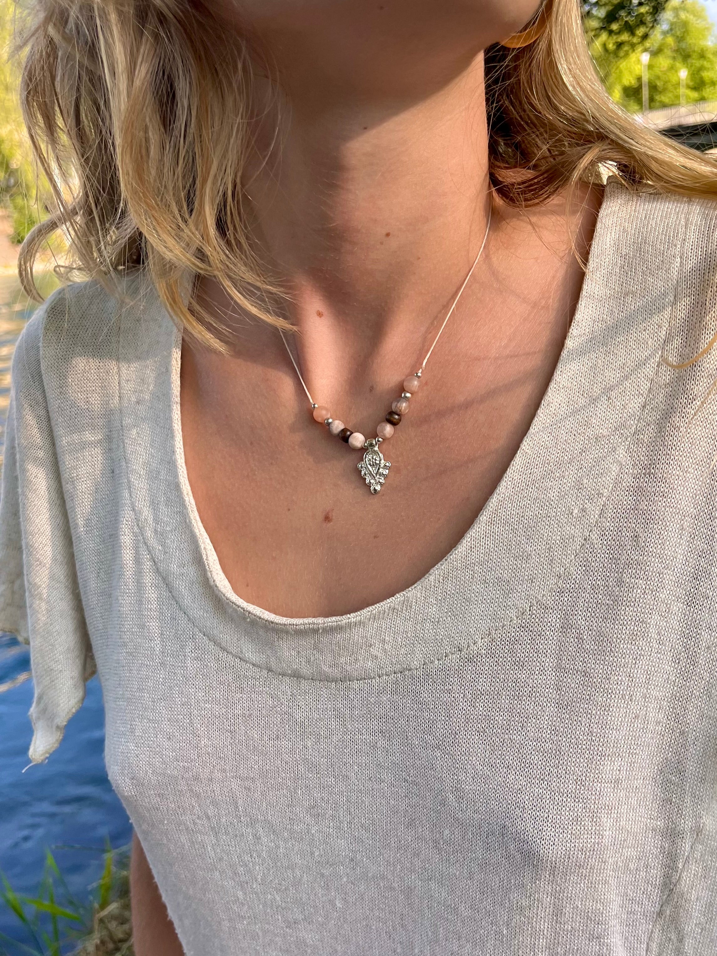 Sunstone boho necklace with silver brass beads