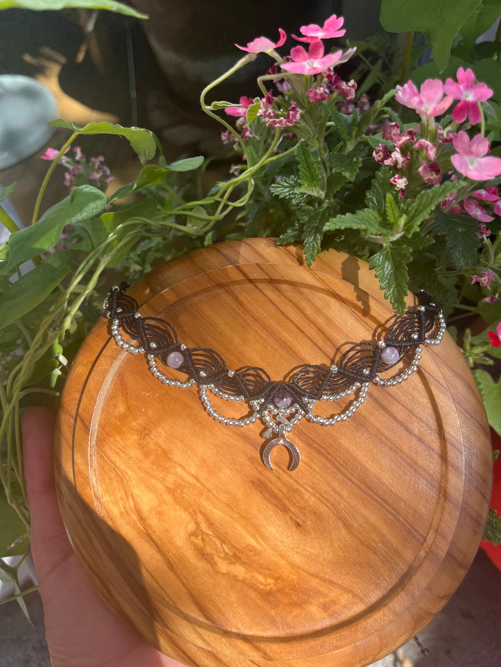 Handmade Macramé Choker with Amethyst & Crescent Moon Charm