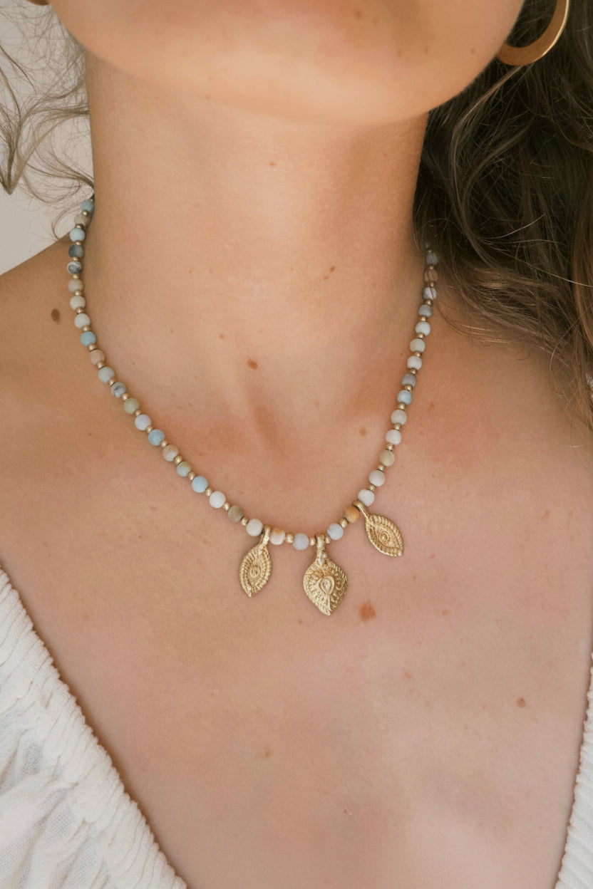 Amazonite Charm Necklace – Gold Brass & Natural Stone Beaded Necklace