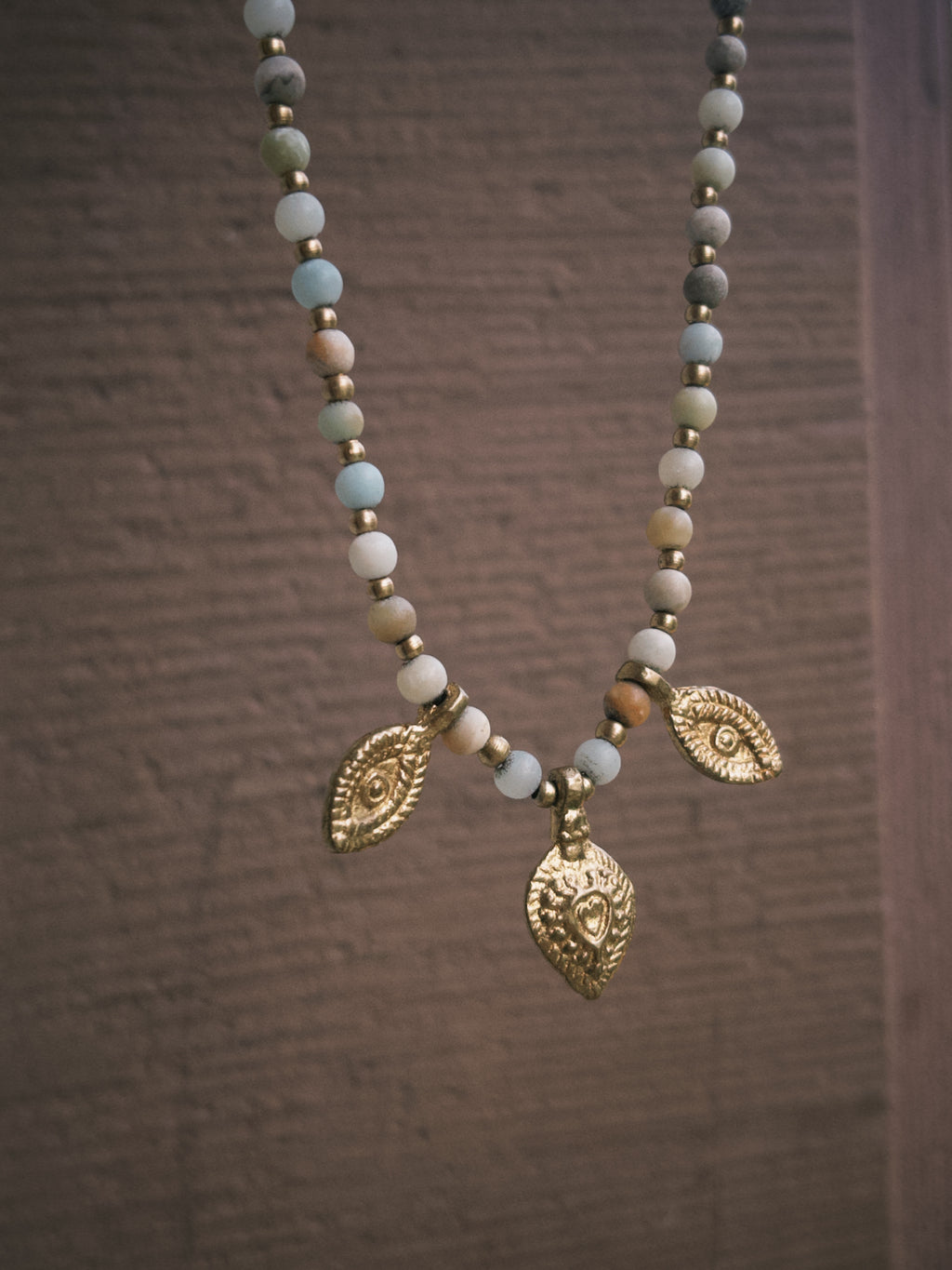 Amazonite Charm Necklace – Gold Brass & Natural Stone Beaded Necklace