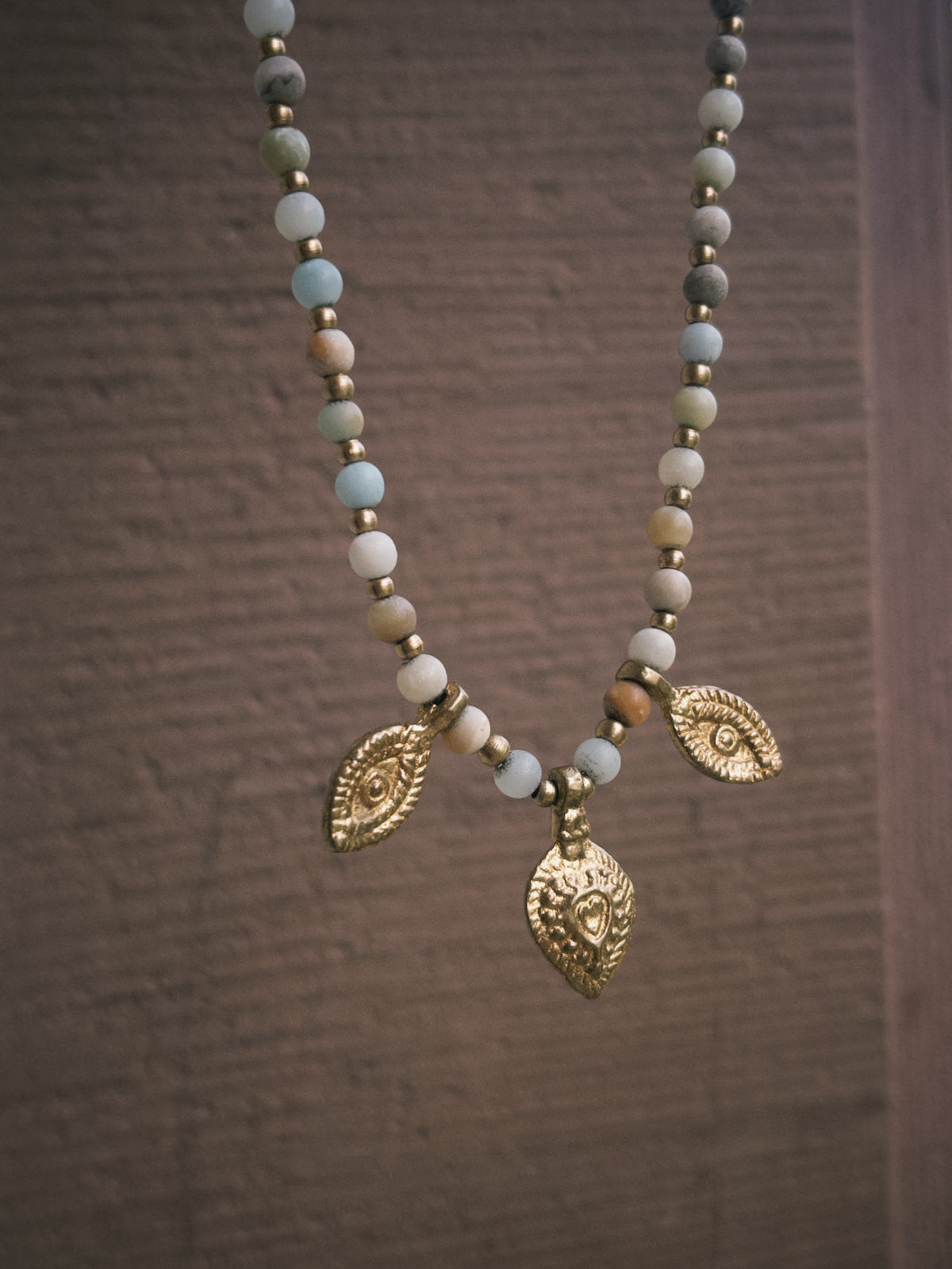 Amazonite Charm Necklace – Gold Brass & Natural Stone Beaded Necklace