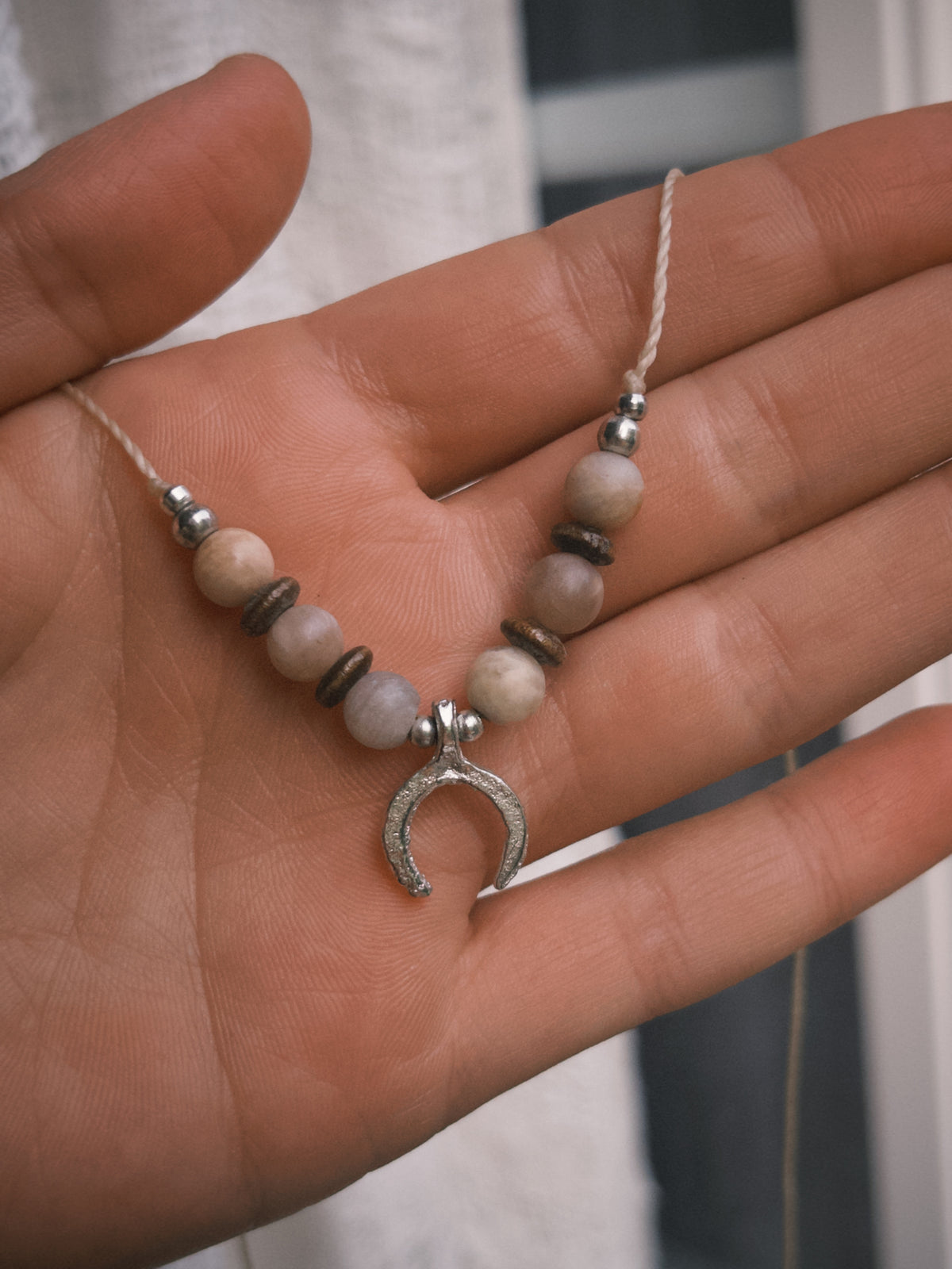 Sunstone boho necklace with silver brass beads