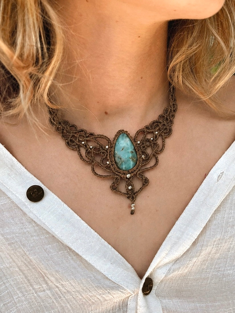 Larimar Statement Choker with Silver Brass Beads