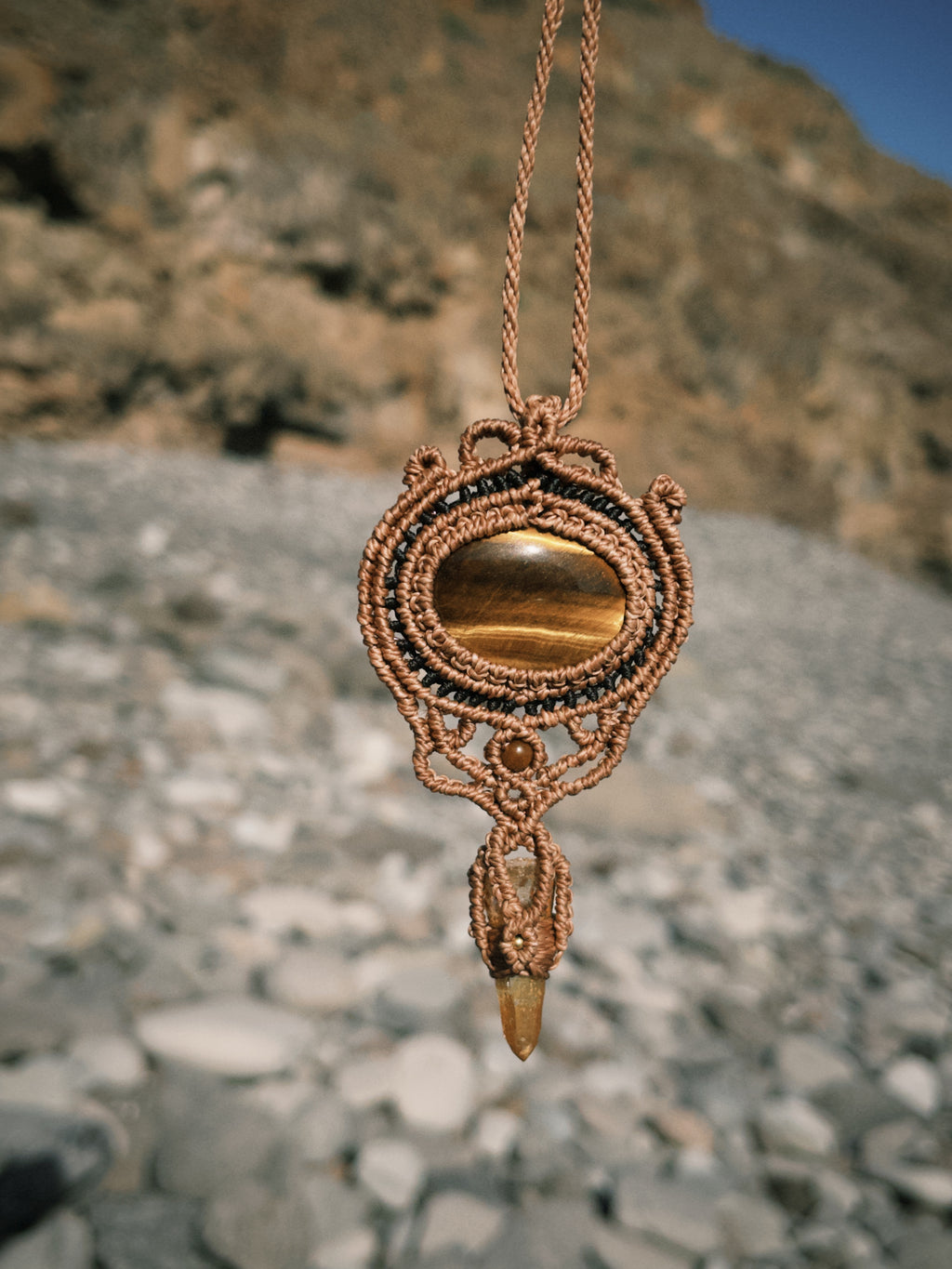 Tiger Eye & Clear Quartz Macrame Necklace