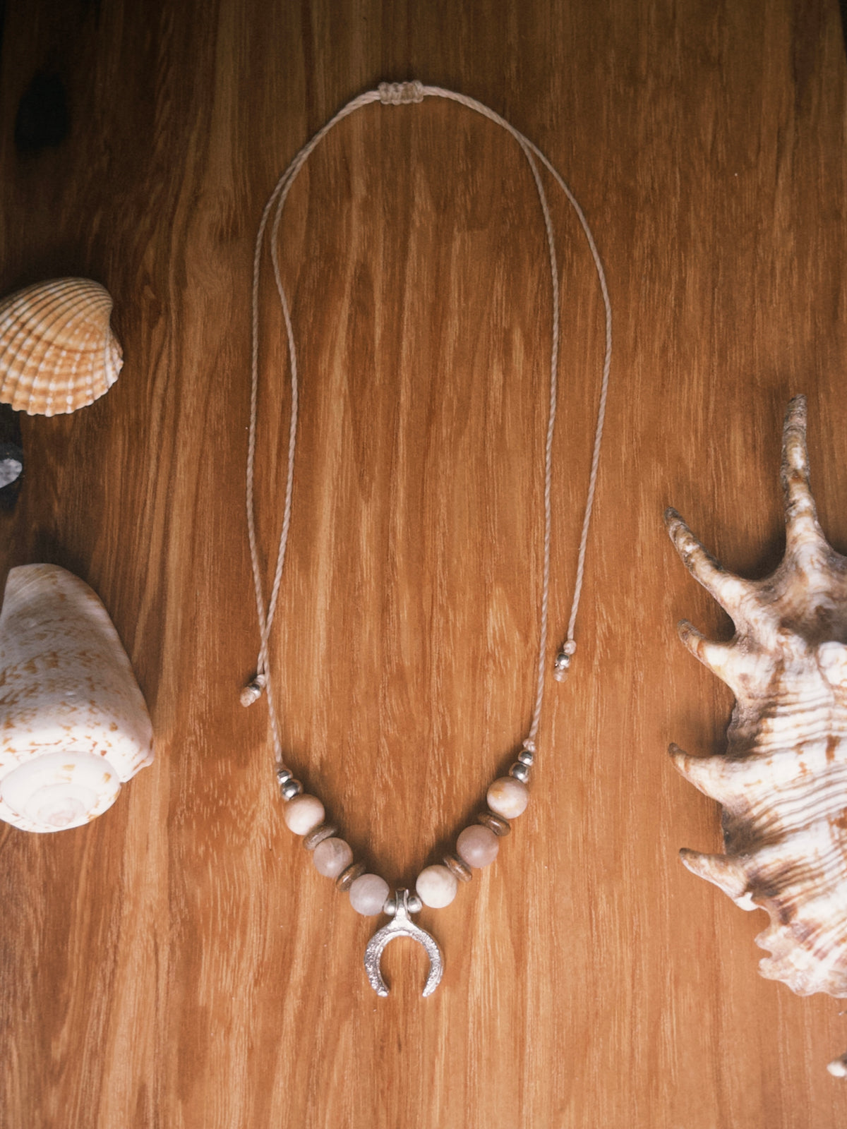 Sunstone boho necklace with silver brass beads