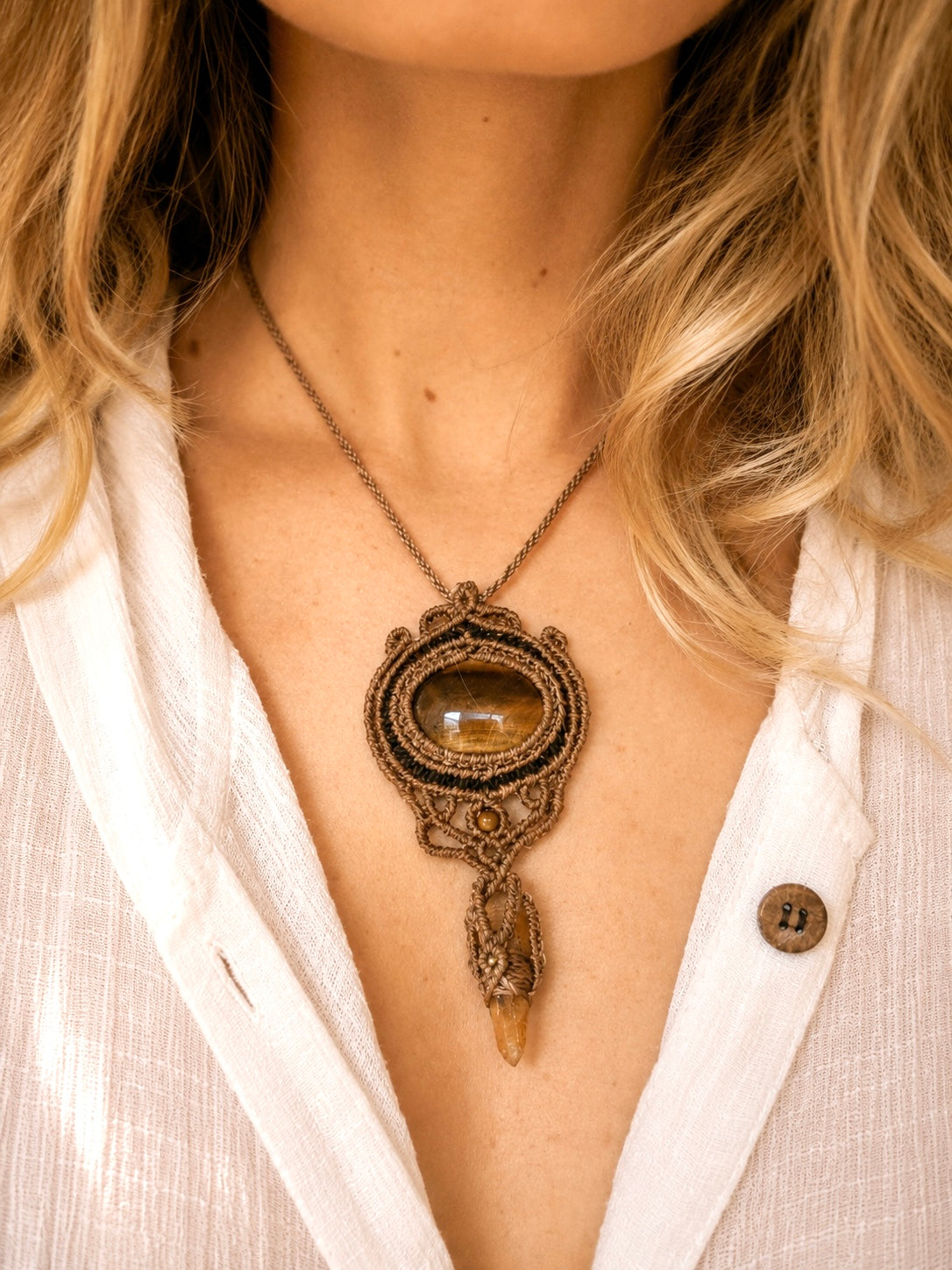 Tiger Eye & Clear Quartz Macrame Necklace