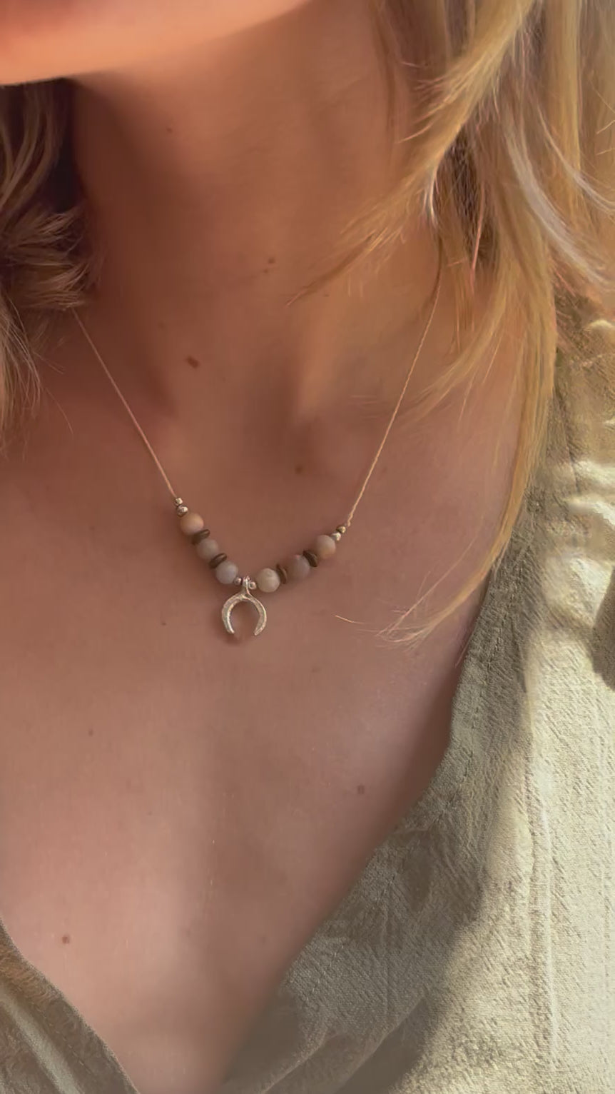 Sunstone boho necklace with silver brass beads