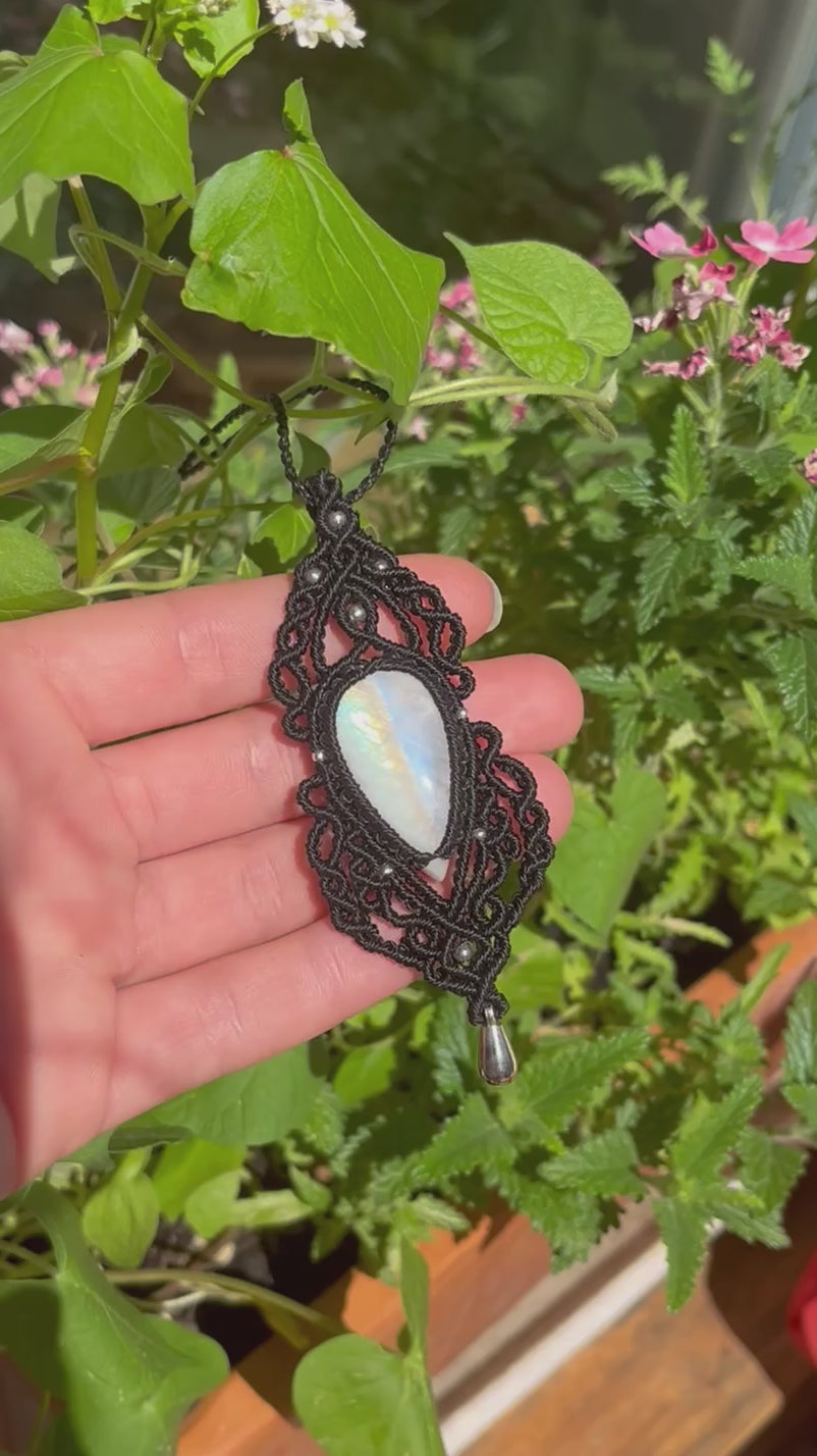 Adjustable Boho Statement Necklace with Rainbow Moonstone